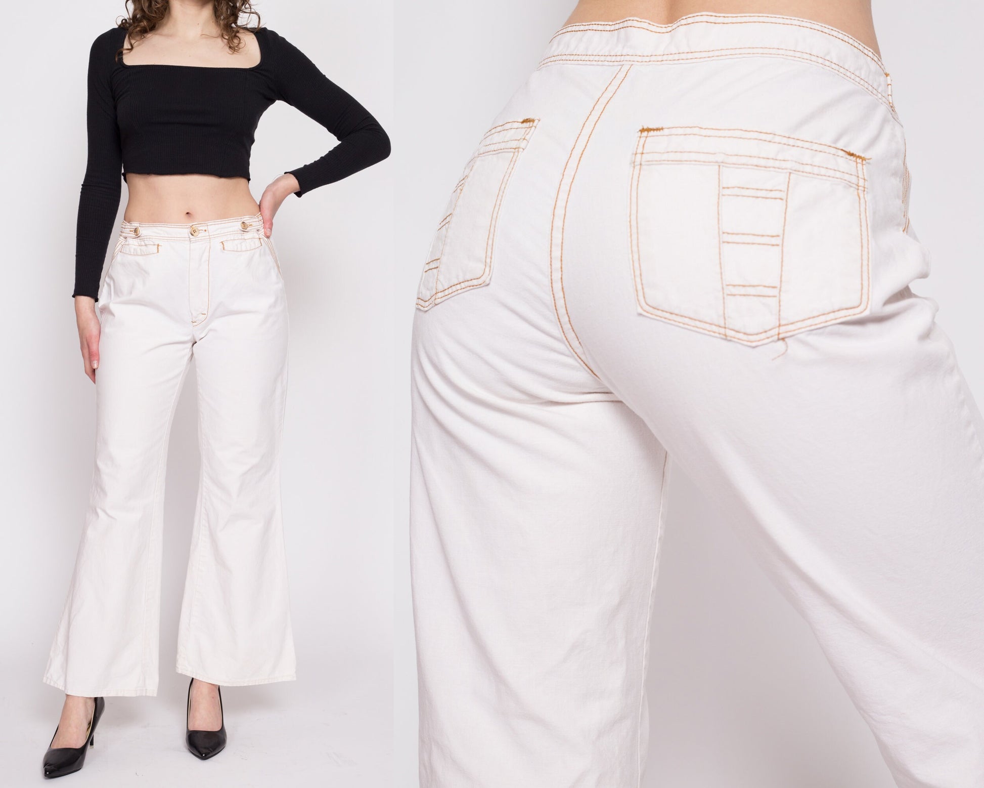 70s White Cotton Contrast Stitch Bell Bottoms - Men's Small, Women's Medium | Vintage Boho High Waisted Flared Pants