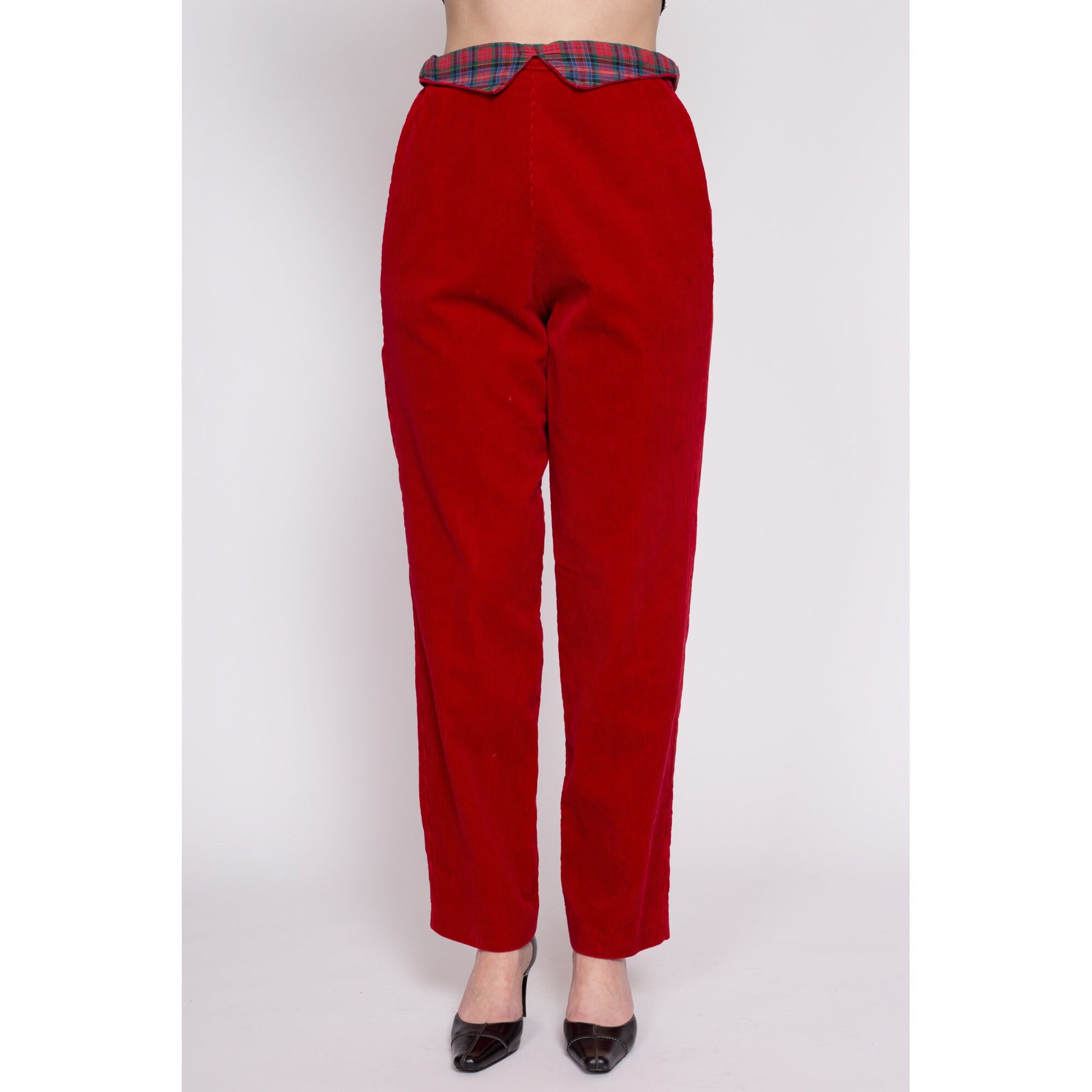 80s Red Corduroy Plaid Trim Pants - Medium | Vintage High Waisted Fold Over Paperbag Tapered Leg Retro Trousers