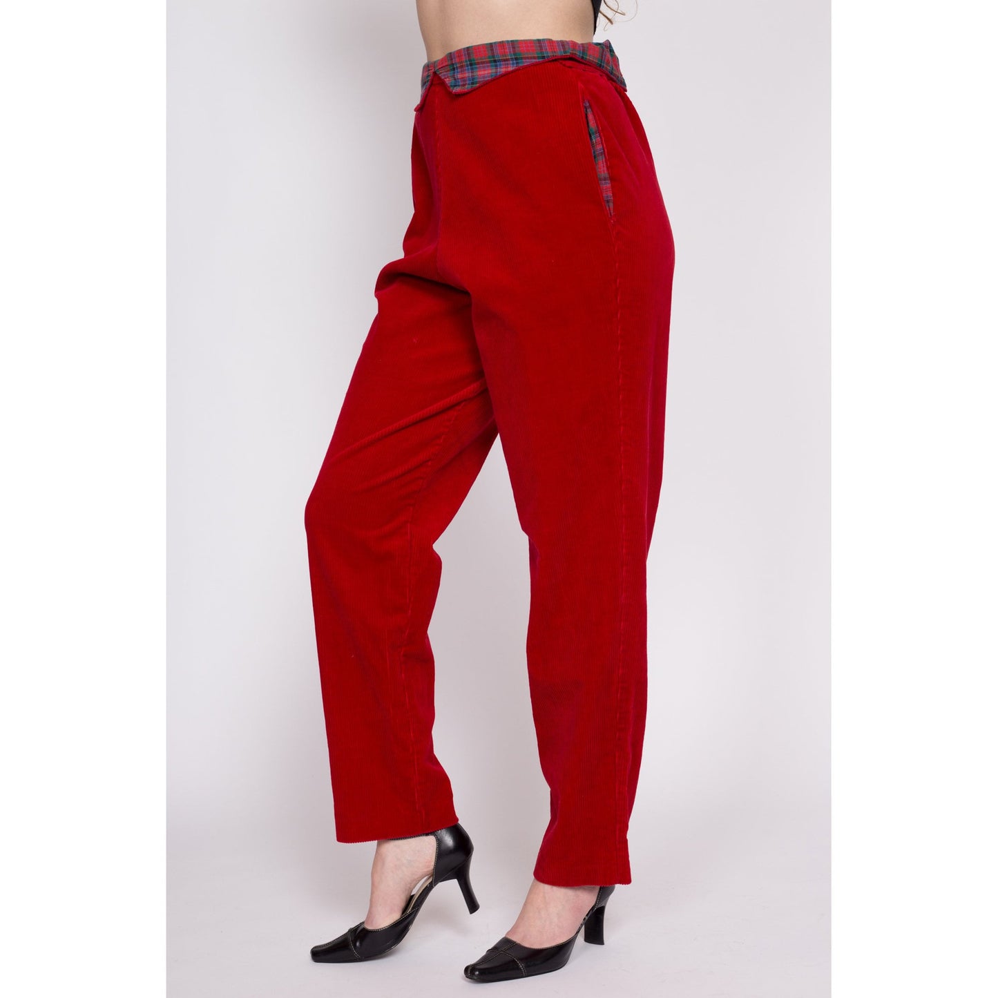 80s Red Corduroy Plaid Trim Pants - Medium | Vintage High Waisted Fold Over Paperbag Tapered Leg Retro Trousers