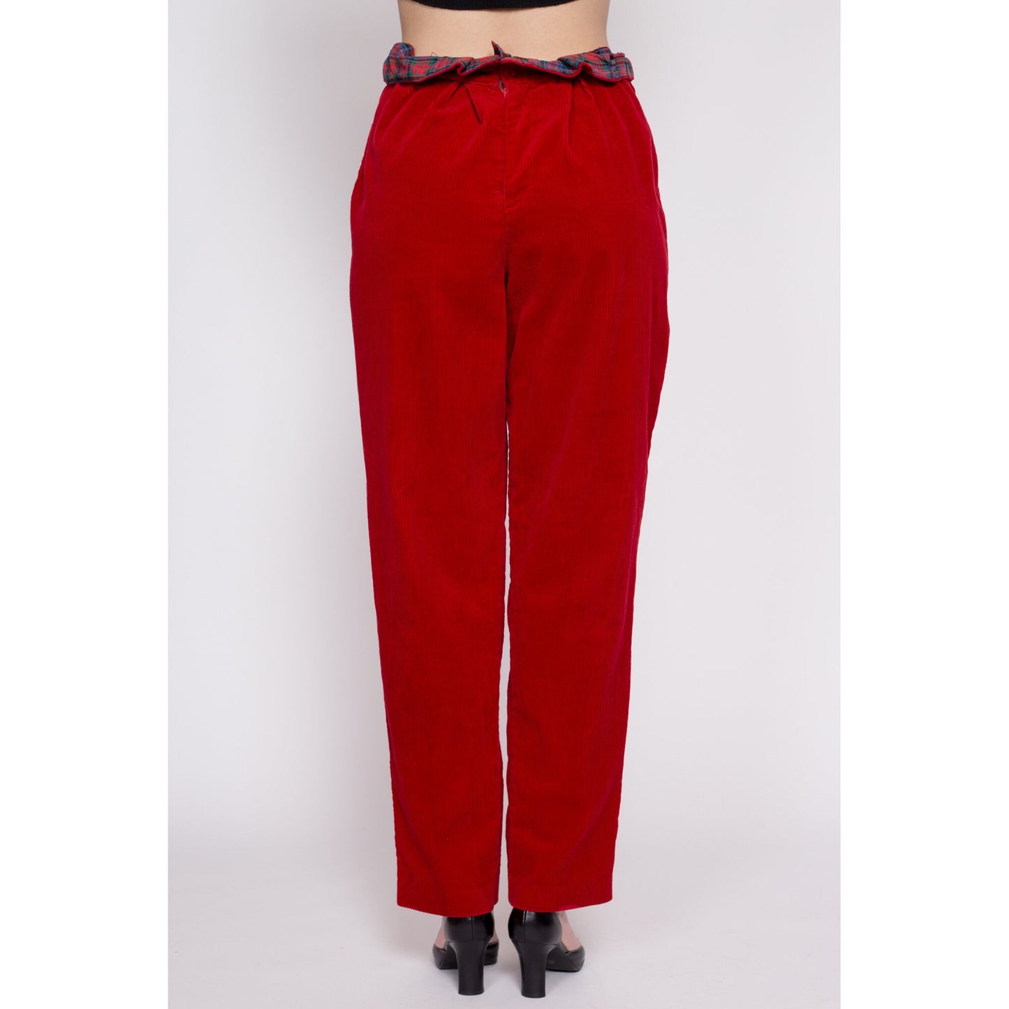 80s Red Corduroy Plaid Trim Pants - Medium | Vintage High Waisted Fold Over Paperbag Tapered Leg Retro Trousers