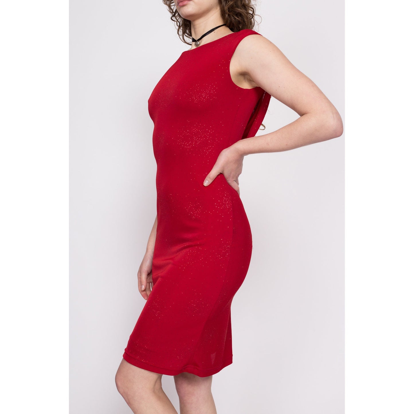 90s Red Cowl Low Back Party Dress - Small | Vintage Slinky Draped Back Sleeveless Sparkle Mini Dress