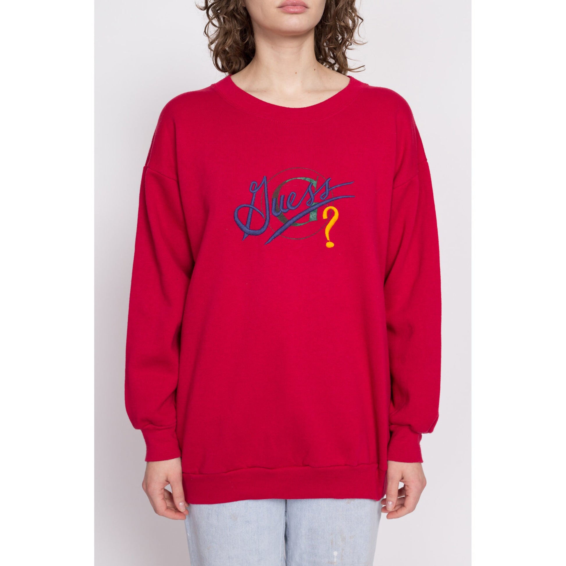 90s Guess ? Red Sweatshirt - One Size | Vintage Unisex Streetwear Graphic Crewneck Pullover