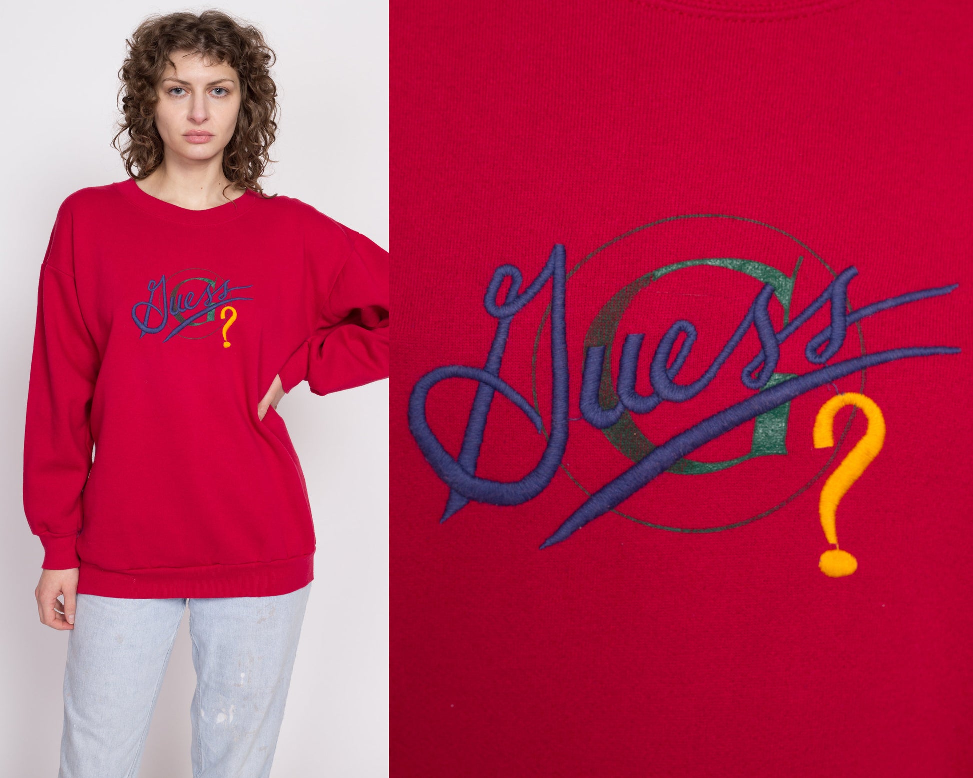 90s Guess ? Red Sweatshirt - One Size | Vintage Unisex Streetwear Graphic Crewneck Pullover