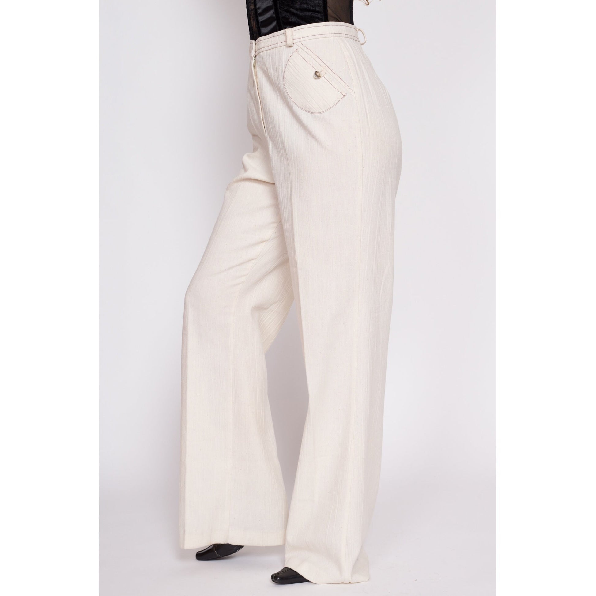 70s Cream High Waisted Contrast Stitch Pants - Medium Tall, 29" Waist | Vintage Woven Cotton Boho Wide Leg Flared Trousers