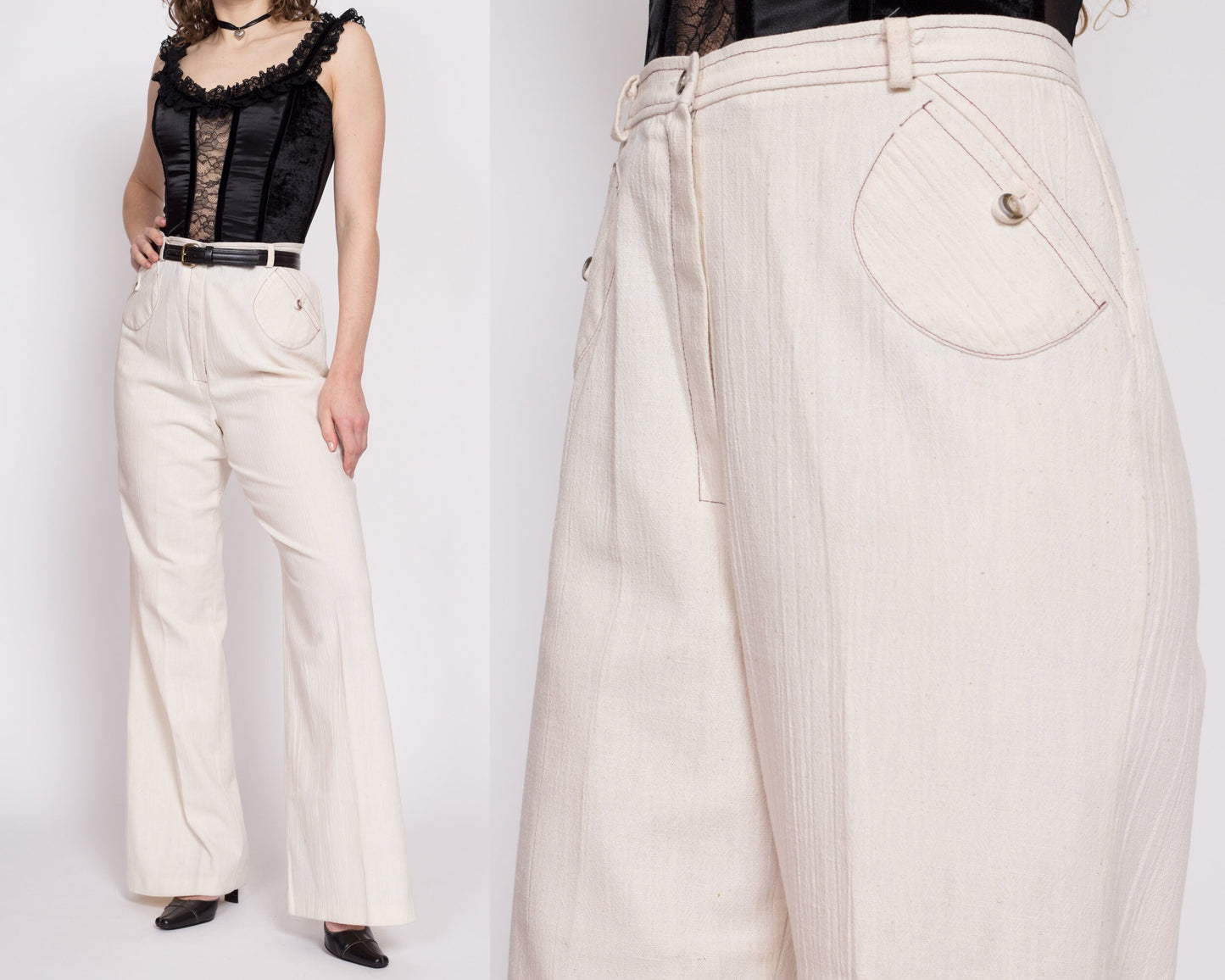 70s Cream High Waisted Contrast Stitch Pants - Medium Tall, 29" Waist | Vintage Woven Cotton Boho Wide Leg Flared Trousers