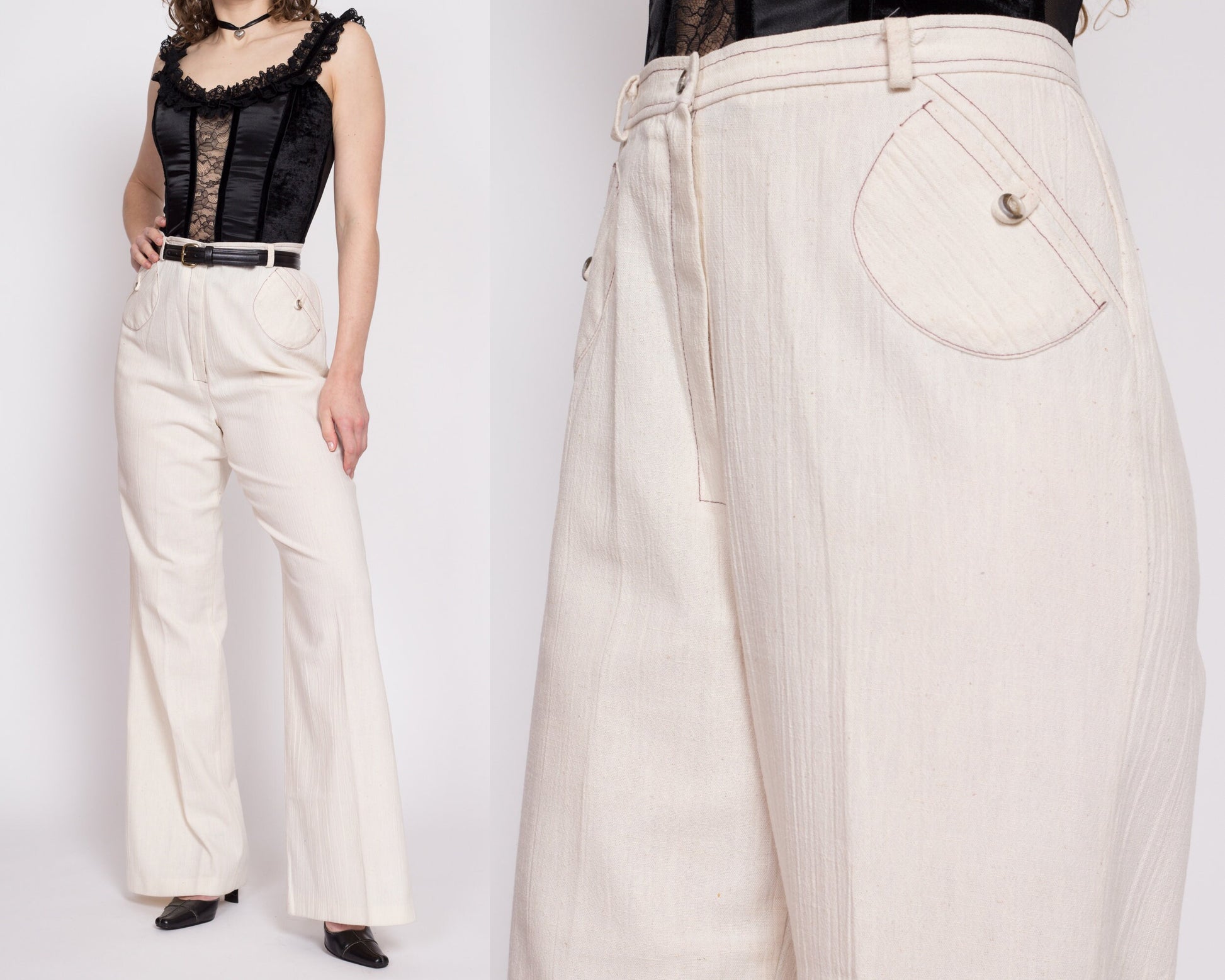 70s Cream High Waisted Contrast Stitch Pants - Medium Tall, 29" Waist | Vintage Woven Cotton Boho Wide Leg Flared Trousers
