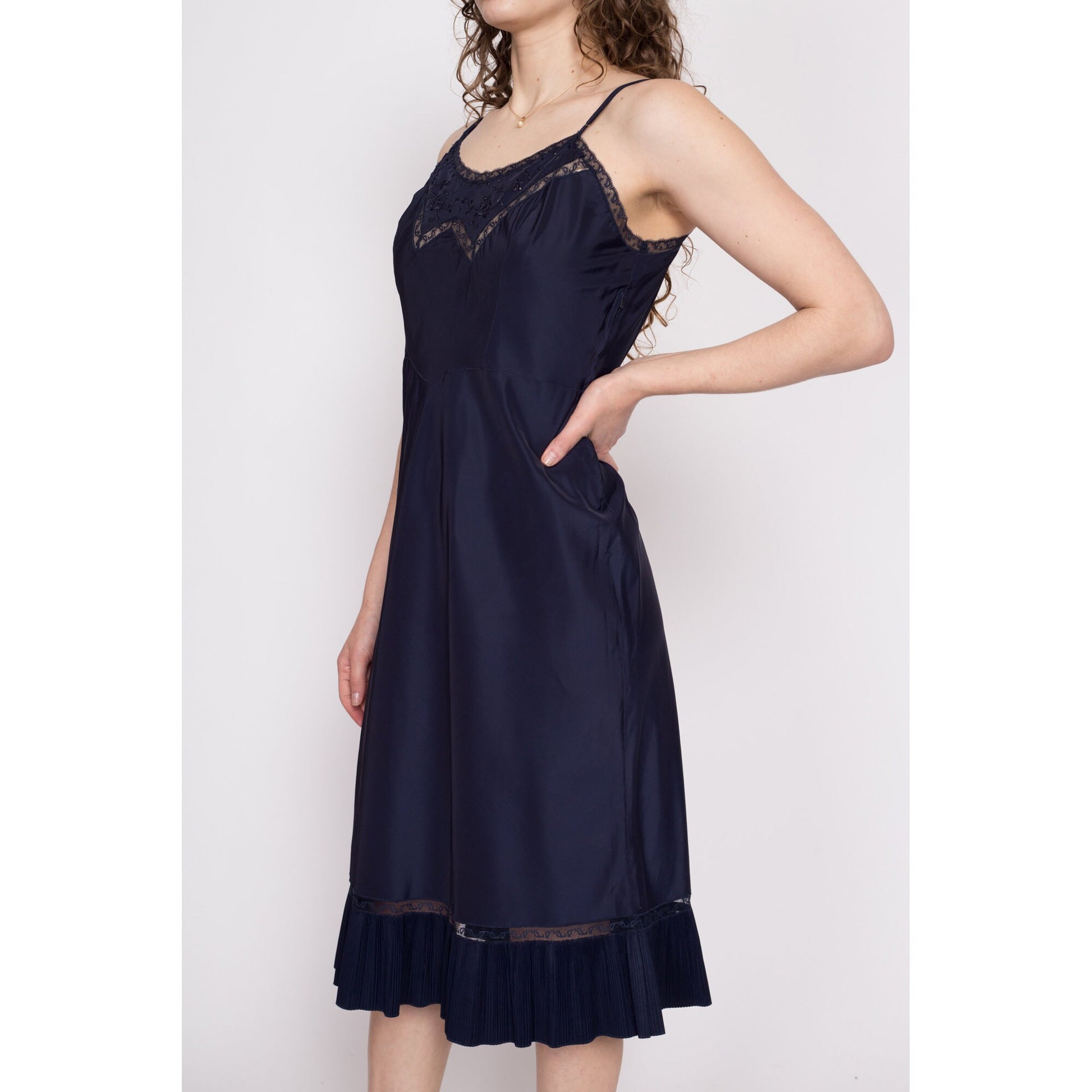 40s 50s Barbizon Tafredda Slip - Medium | Vintage Navy Blue Lace Trim Lingerie Midi Dress