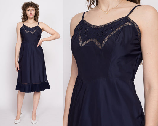 40s 50s Barbizon Tafredda Slip - Medium | Vintage Navy Blue Lace Trim Lingerie Midi Dress
