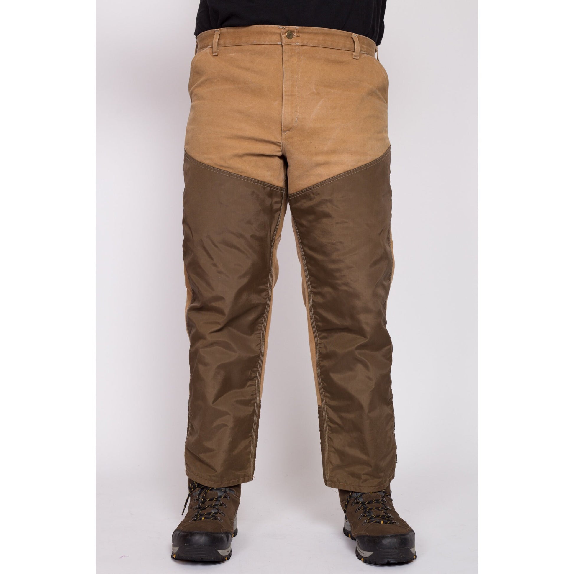 90s Carhartt Made In USA Canvas Upland Hunting Pants - 42x30 | Vintage Waterproof Panel Tan Brown Workwear Outdoors Pants