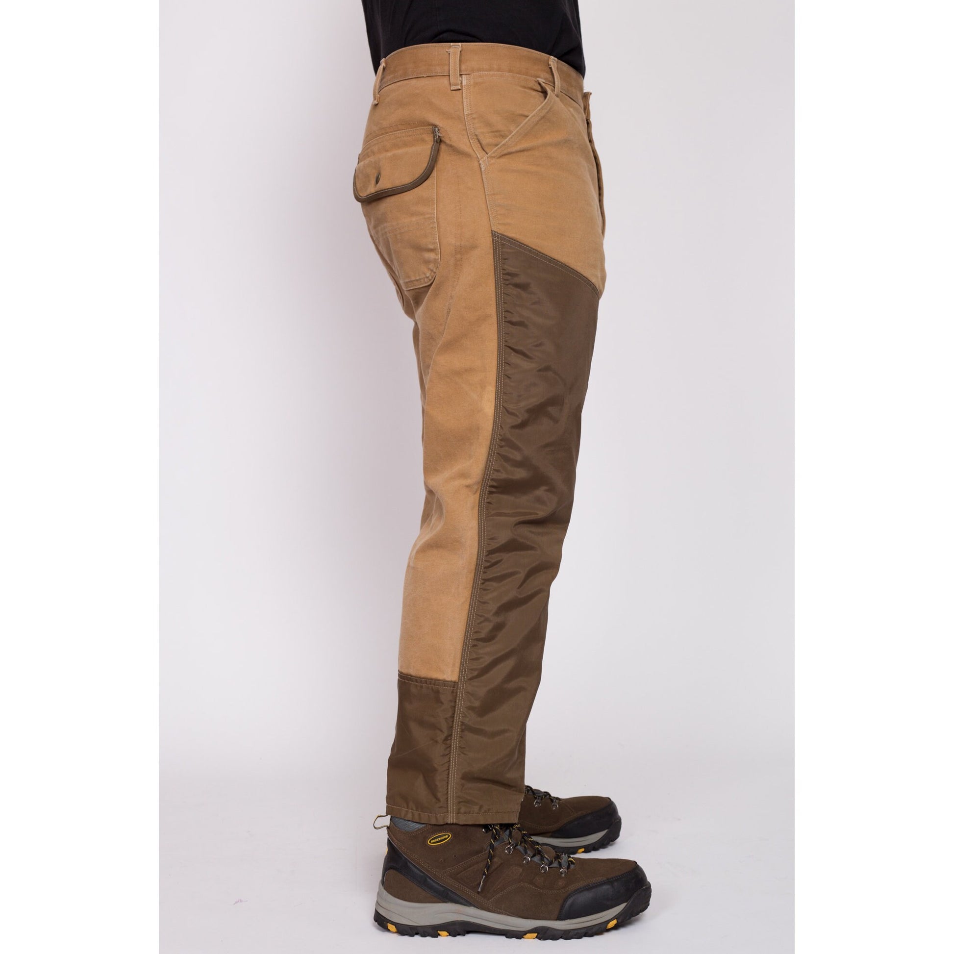 90s Carhartt Made In USA Canvas Upland Hunting Pants - 42x30 | Vintage Waterproof Panel Tan Brown Workwear Outdoors Pants