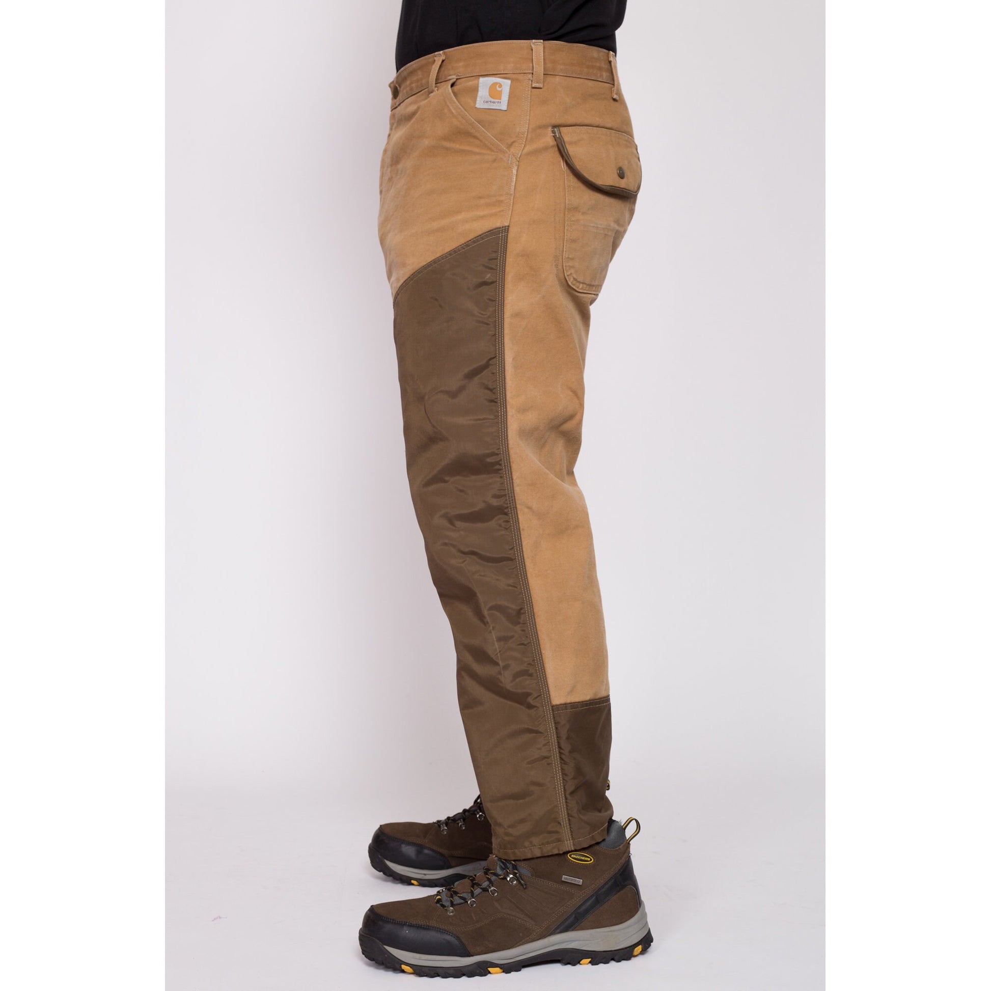 90s Carhartt Made In USA Canvas Upland Hunting Pants - 42x30 | Vintage Waterproof Panel Tan Brown Workwear Outdoors Pants