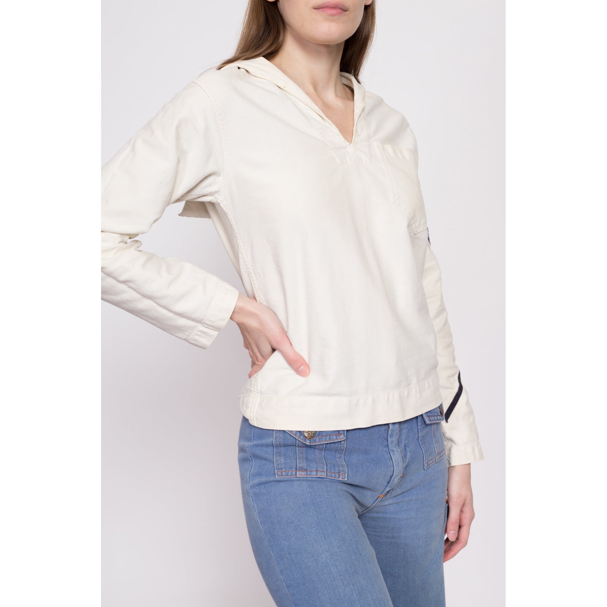 1940s US Navy Middy Sailor Shirt - Extra Small | Vintage Rare WWII Era White Cotton Naval Uniform Military Top