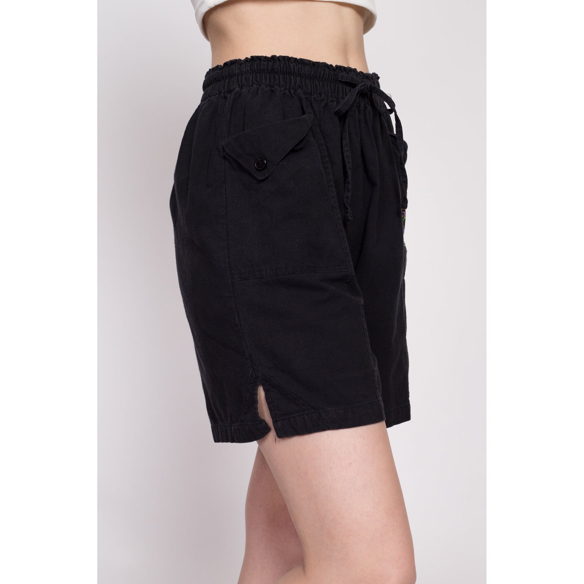 90s St Thomas Virgin Islands Cotton Shorts - One Size | Vintage Black High Rise Elastic Waist Casual Beach Surf Shorts