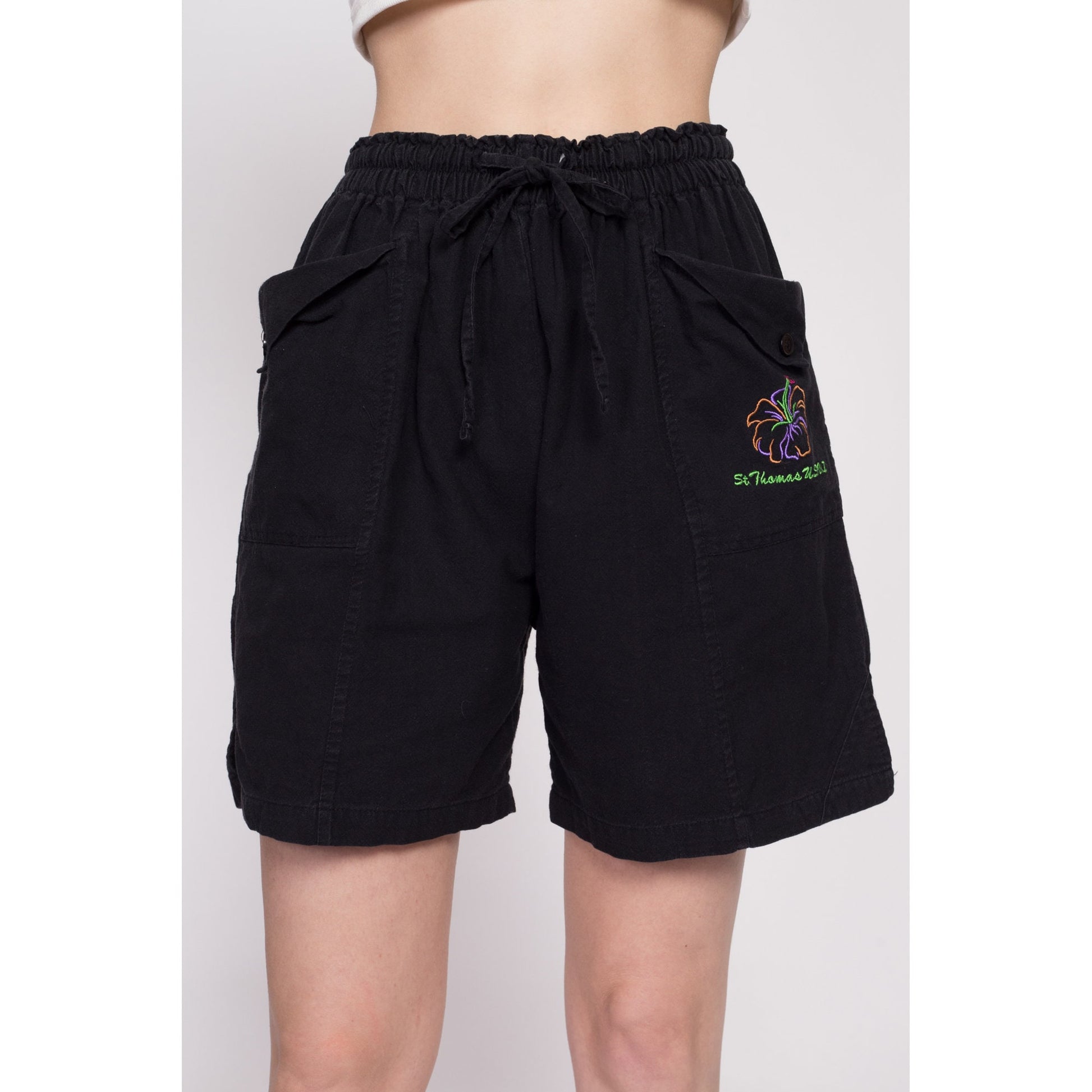 90s St Thomas Virgin Islands Cotton Shorts - One Size | Vintage Black High Rise Elastic Waist Casual Beach Surf Shorts