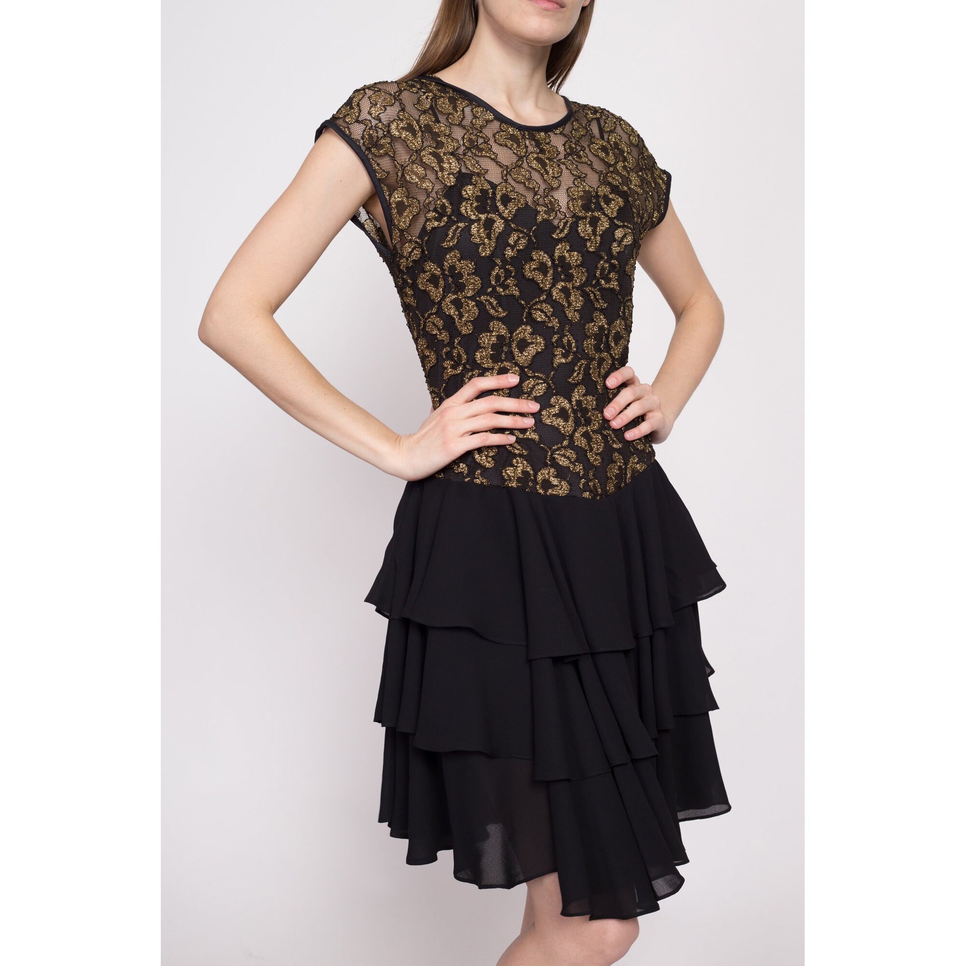 80s Black & Gold Party Dress - Medium | Vintage Shiny Mylar Floral Tiered Skirt Fit Flare Mini Dress