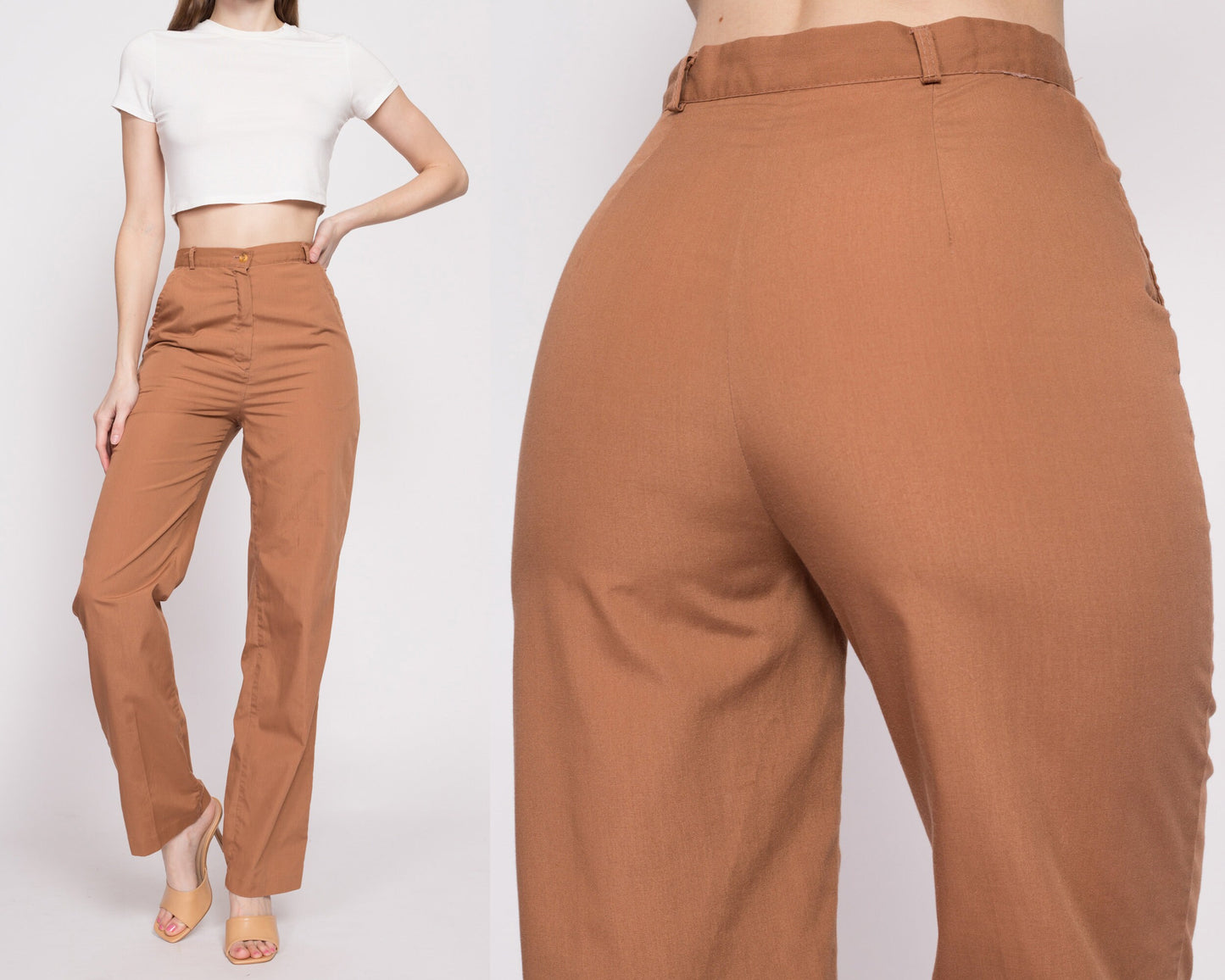 70s Cinnamon Brown High Waisted Pants - Small, 26" | Vintage Straight Leg Retro Plain Trousers