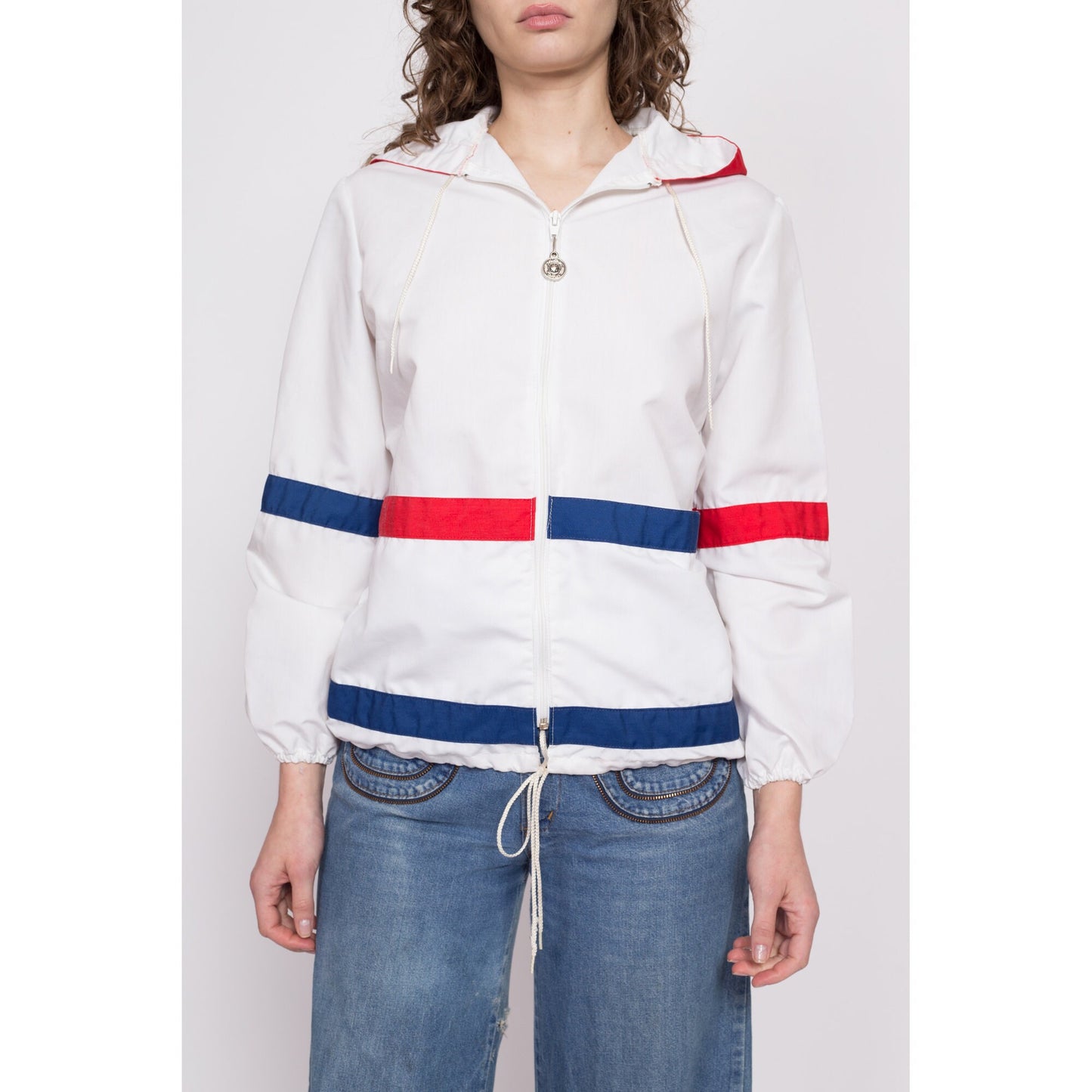 70s Mod Red White & Blue Striped Windbreaker - Petite Medium | Weather Tamer Lightweight Hooded Color Block Jacket