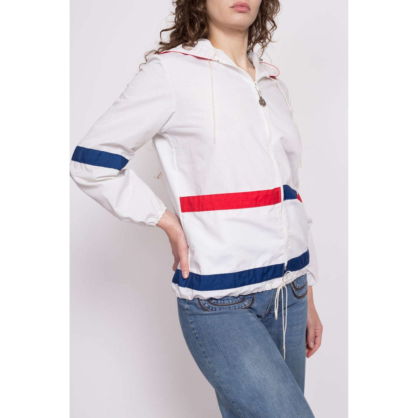 70s Mod Red White & Blue Striped Windbreaker - Petite Medium | Weather Tamer Lightweight Hooded Color Block Jacket