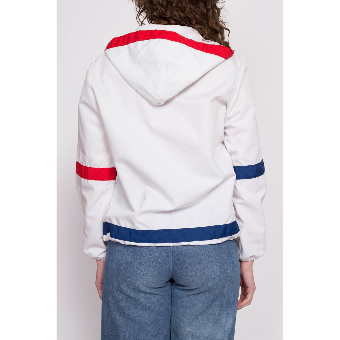 70s Mod Red White & Blue Striped Windbreaker - Petite Medium | Weather Tamer Lightweight Hooded Color Block Jacket