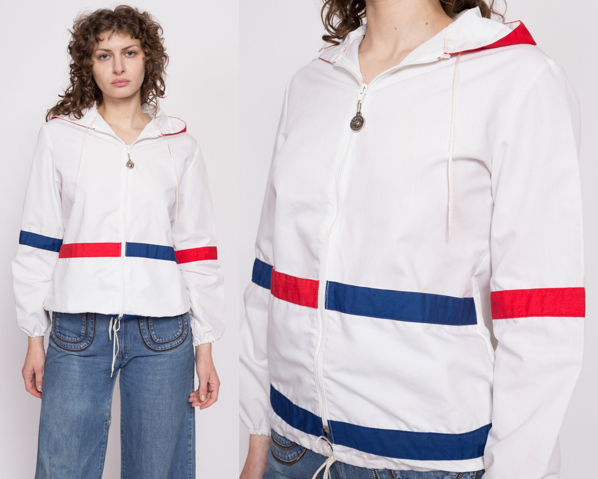 70s Mod Red White & Blue Striped Windbreaker - Petite Medium | Weather Tamer Lightweight Hooded Color Block Jacket