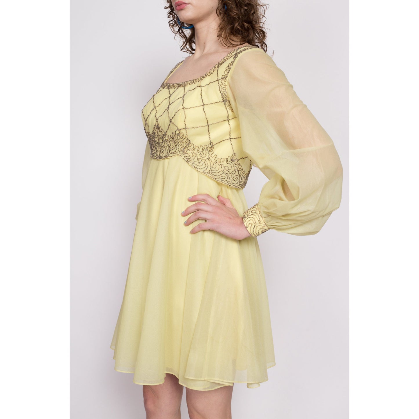 60s Mike Benet Formals Yellow Chiffon Party Dress, As Is - Medium | Vintage Beaded Sheer Long Balloon Sleeve Retro Mini Dress