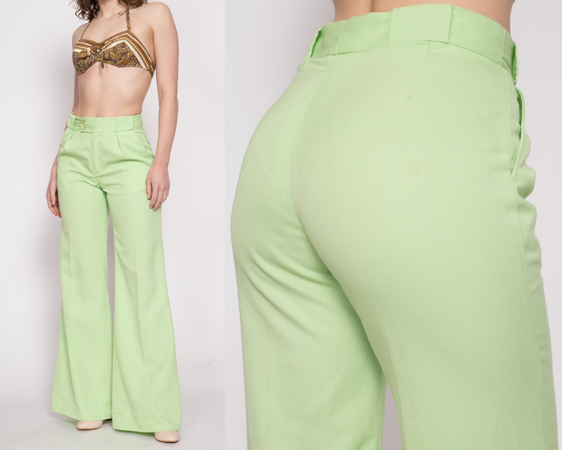 70s Pastel Green High Waisted Bell Bottoms - Petite Medium | Vintage Boho Pleated Flared Leg Retro Trousers