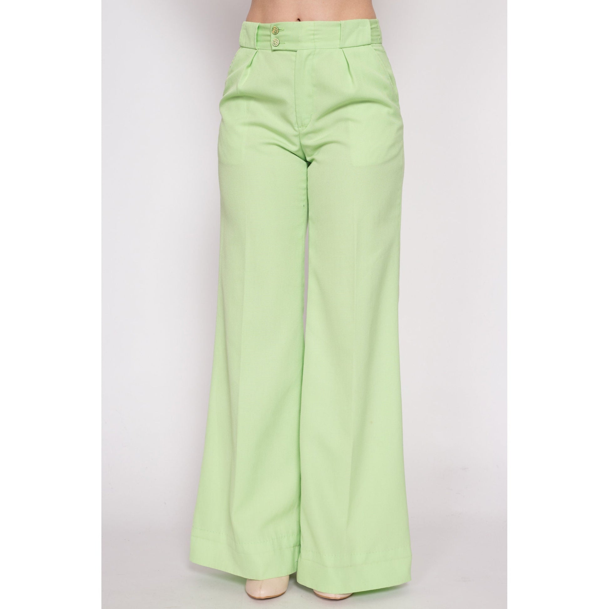 70s Pastel Green High Waisted Bell Bottoms - Petite Medium | Vintage Boho Pleated Flared Leg Retro Trousers