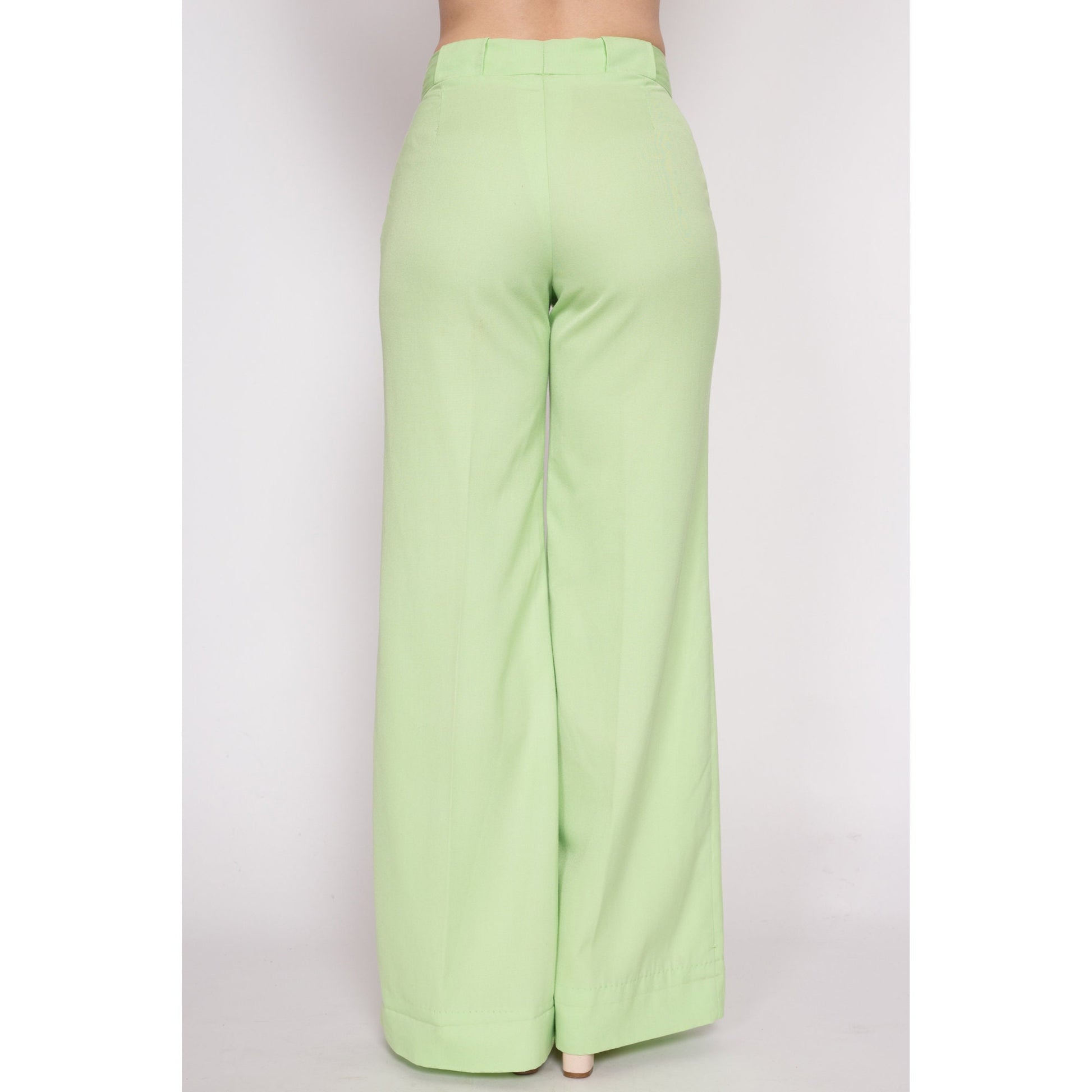 70s Pastel Green High Waisted Bell Bottoms - Petite Medium | Vintage Boho Pleated Flared Leg Retro Trousers