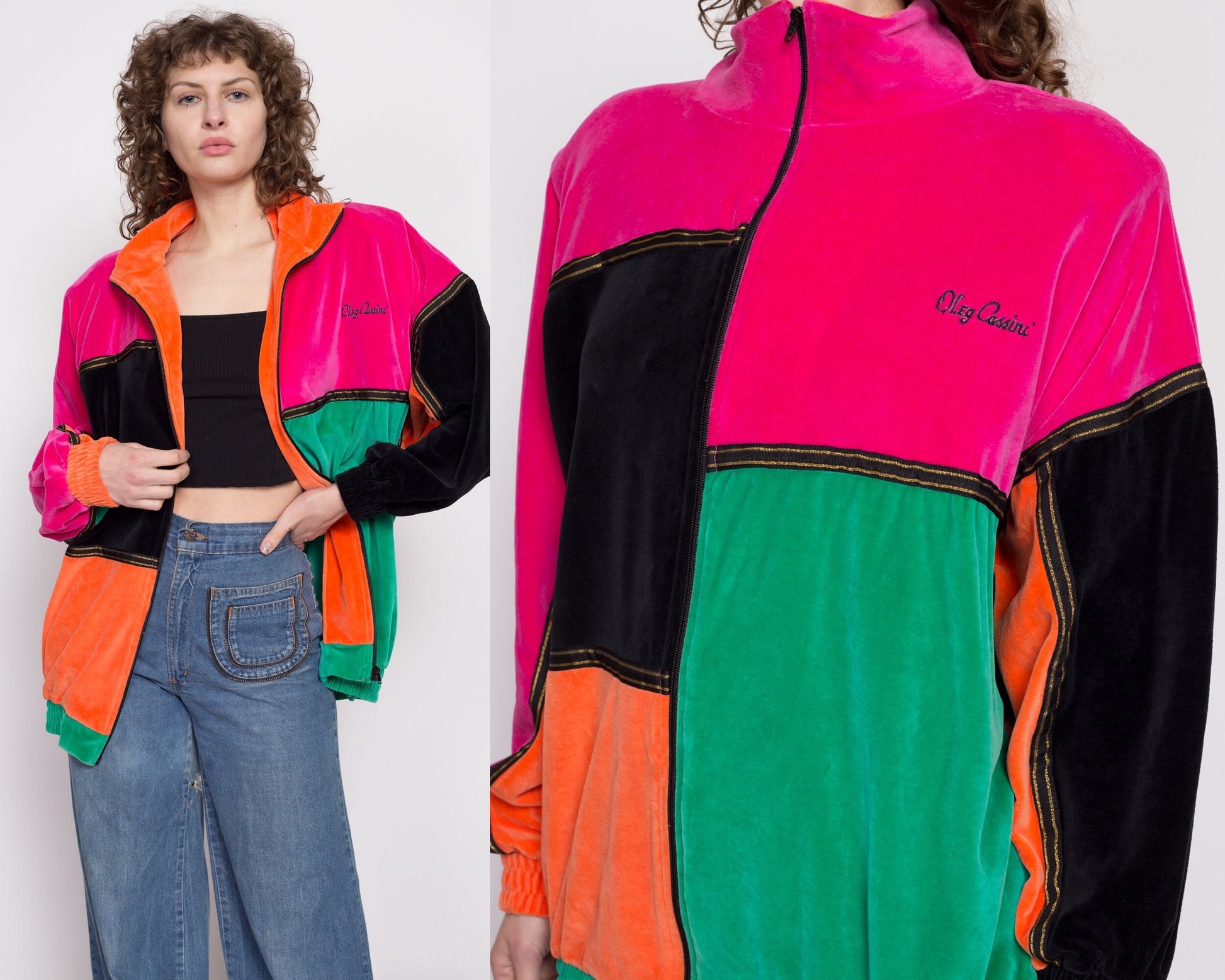 80s Velour Color Block Track Jacket - Extra Large | Vintage Oleg Cassini Colorful Zip Up Windbreaker Sweatshirt
