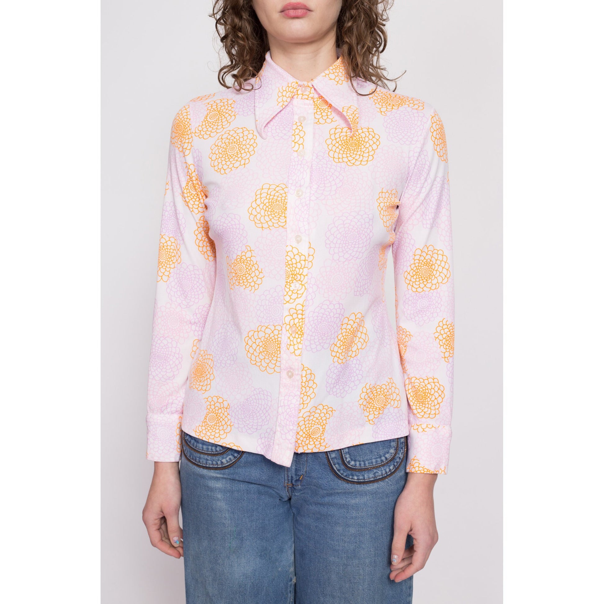70s Peony Abstract Print Button Up Shirt - Medium | Vintage Long Sleeve Collared Novelty Floral Disco Shirt