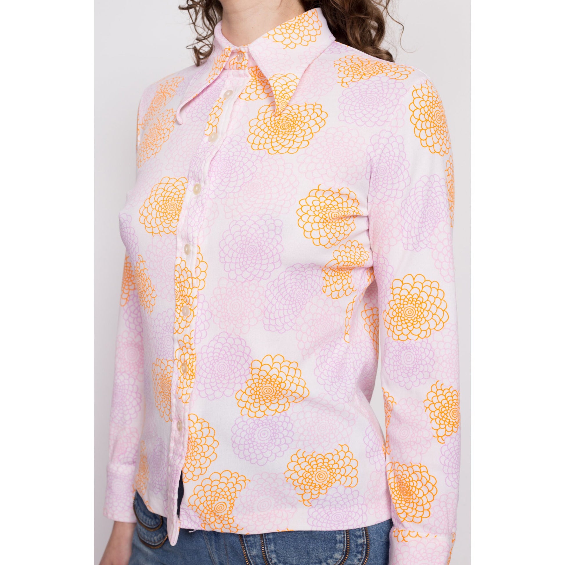 70s Peony Abstract Print Button Up Shirt - Medium | Vintage Long Sleeve Collared Novelty Floral Disco Shirt