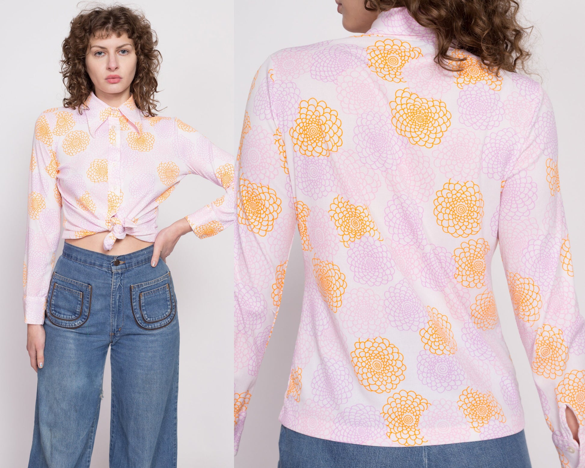 70s Peony Abstract Print Button Up Shirt - Medium | Vintage Long Sleeve Collared Novelty Floral Disco Shirt
