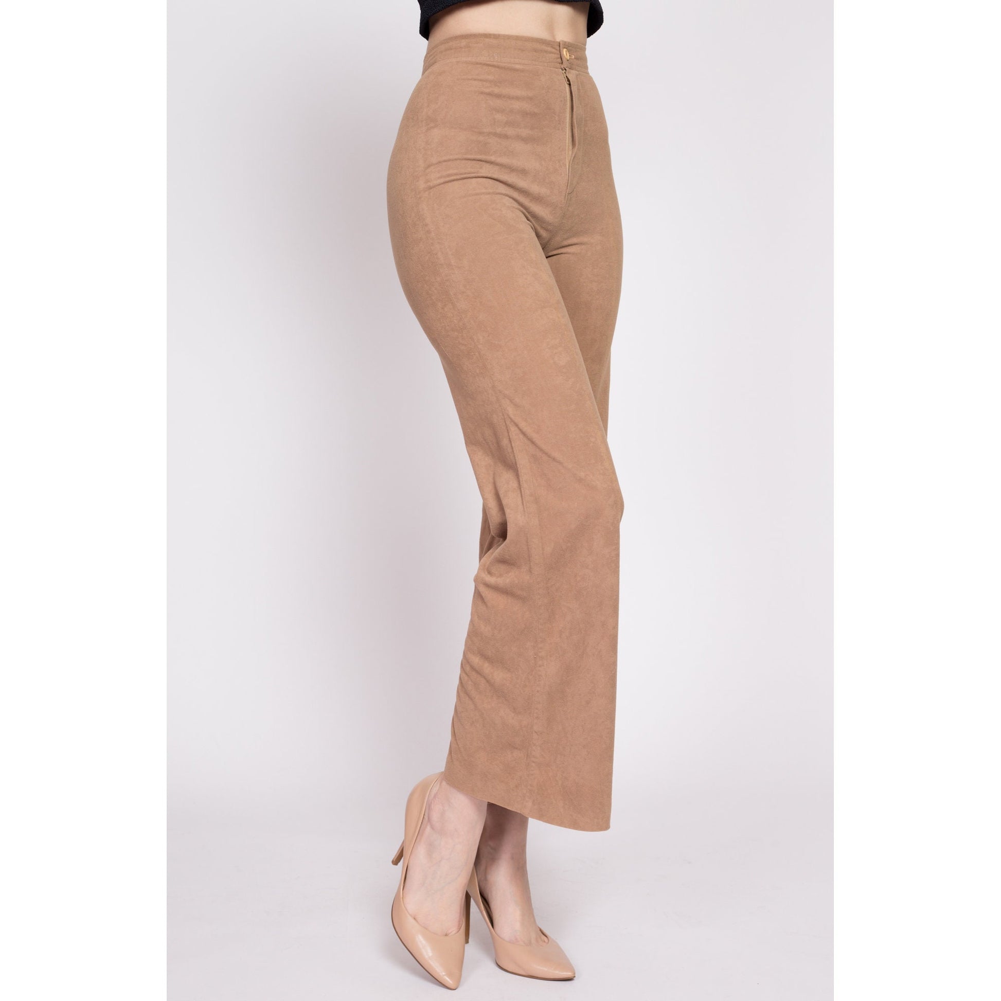 70s Tan Ultrasuede High Waisted Pants - Extra Small, 23.5" | Vintage Flared Light Brown Retro Trousers