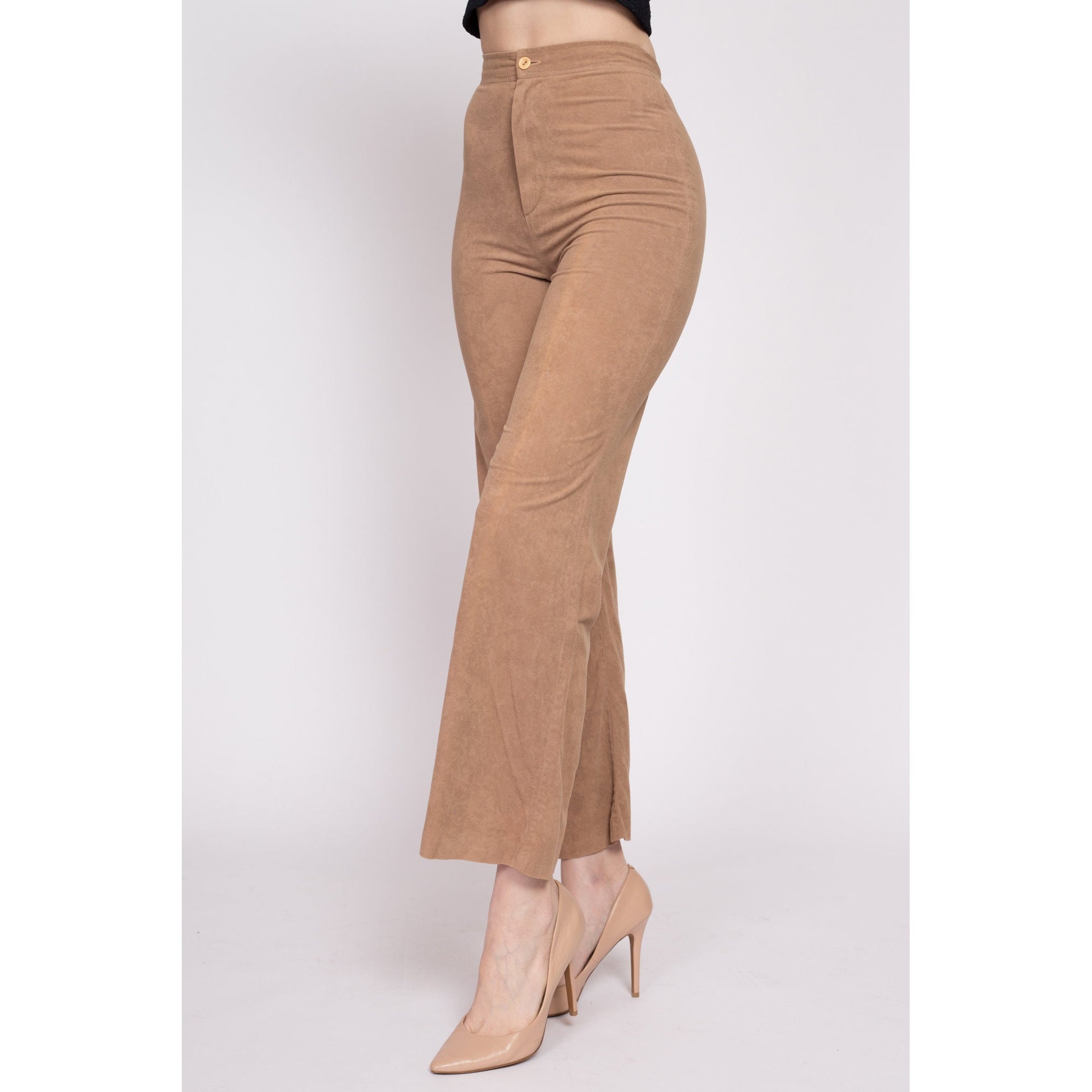 70s Tan Ultrasuede High Waisted Pants - Extra Small, 23.5" | Vintage Flared Light Brown Retro Trousers