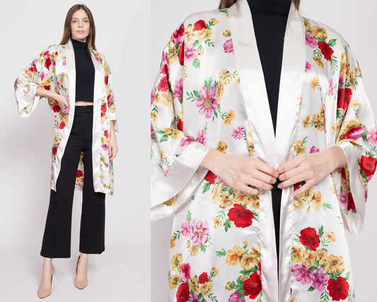 90s Floral Satin Robe - One Size | Vintage Victoria's Secret Boho Loungewear Kimono