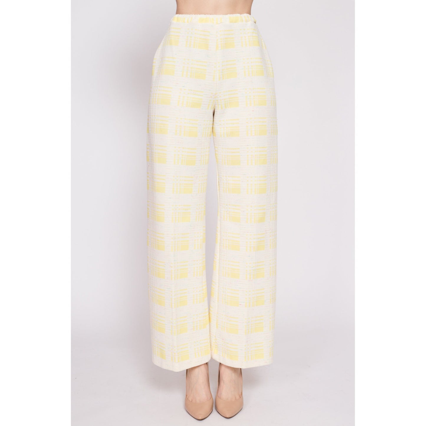 70s Yellow Plaid High Waisted Pants - Medium | Vintage Elastic Waist Polyester Casual Disco Trousers