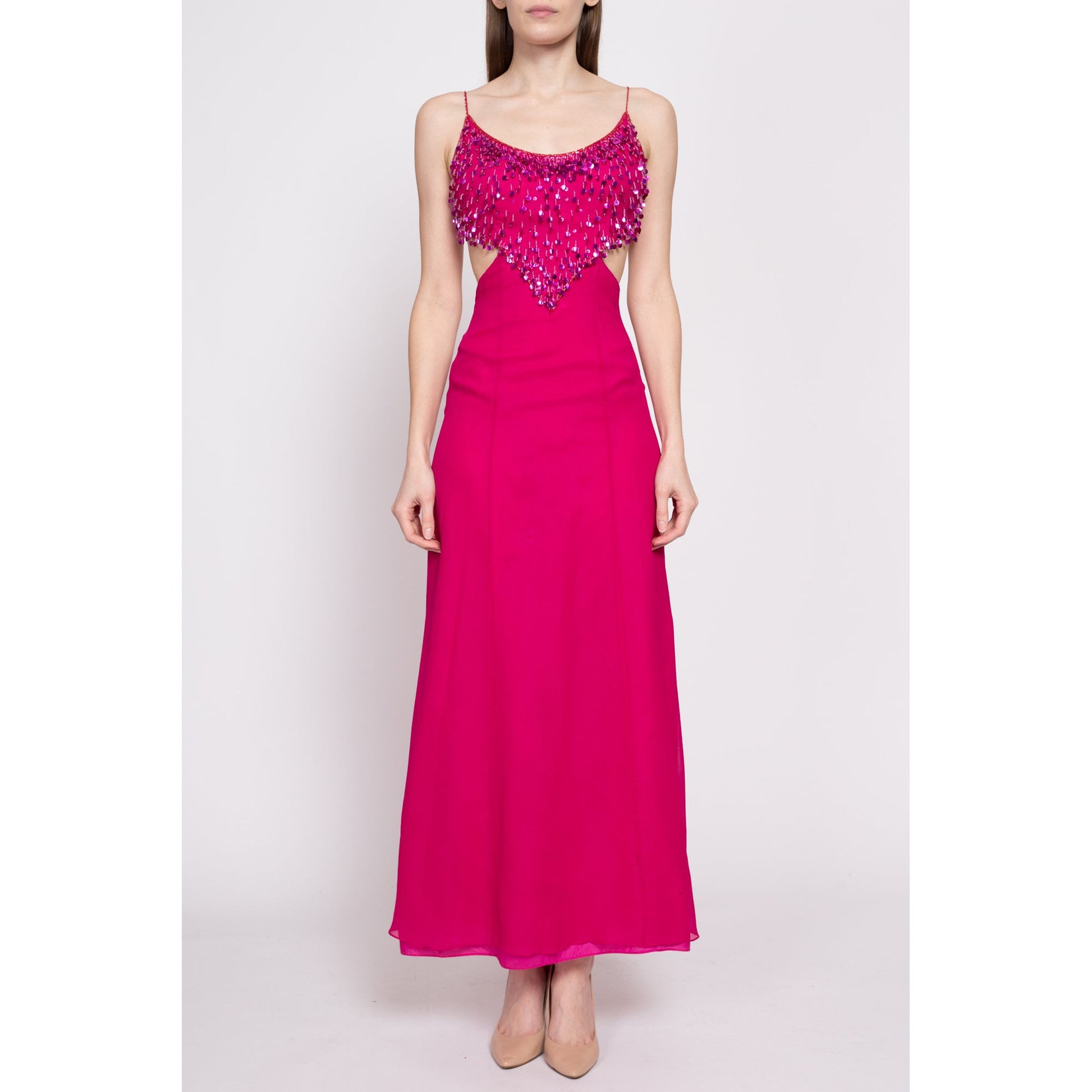 90s Hot Pink Silk Sequin Showgirl Evening Gown, As Is - Extra Small | Vintage Backless Cutout Sleeveless Formal Maxi Dress