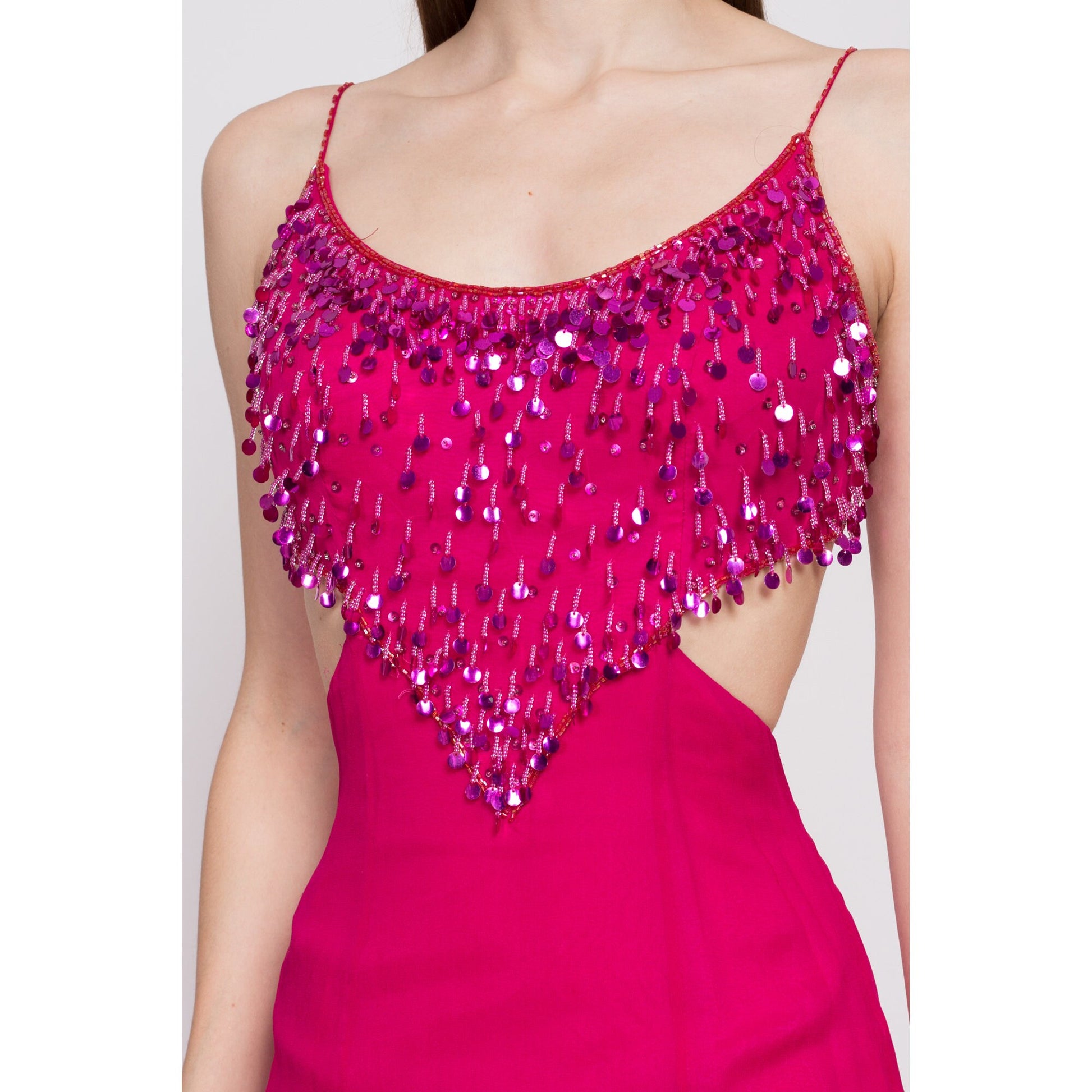 90s Hot Pink Silk Sequin Showgirl Evening Gown, As Is - Extra Small 90s Hot Pink Silk Sequin Showgirl Evening Gown, As Is - Extra Small