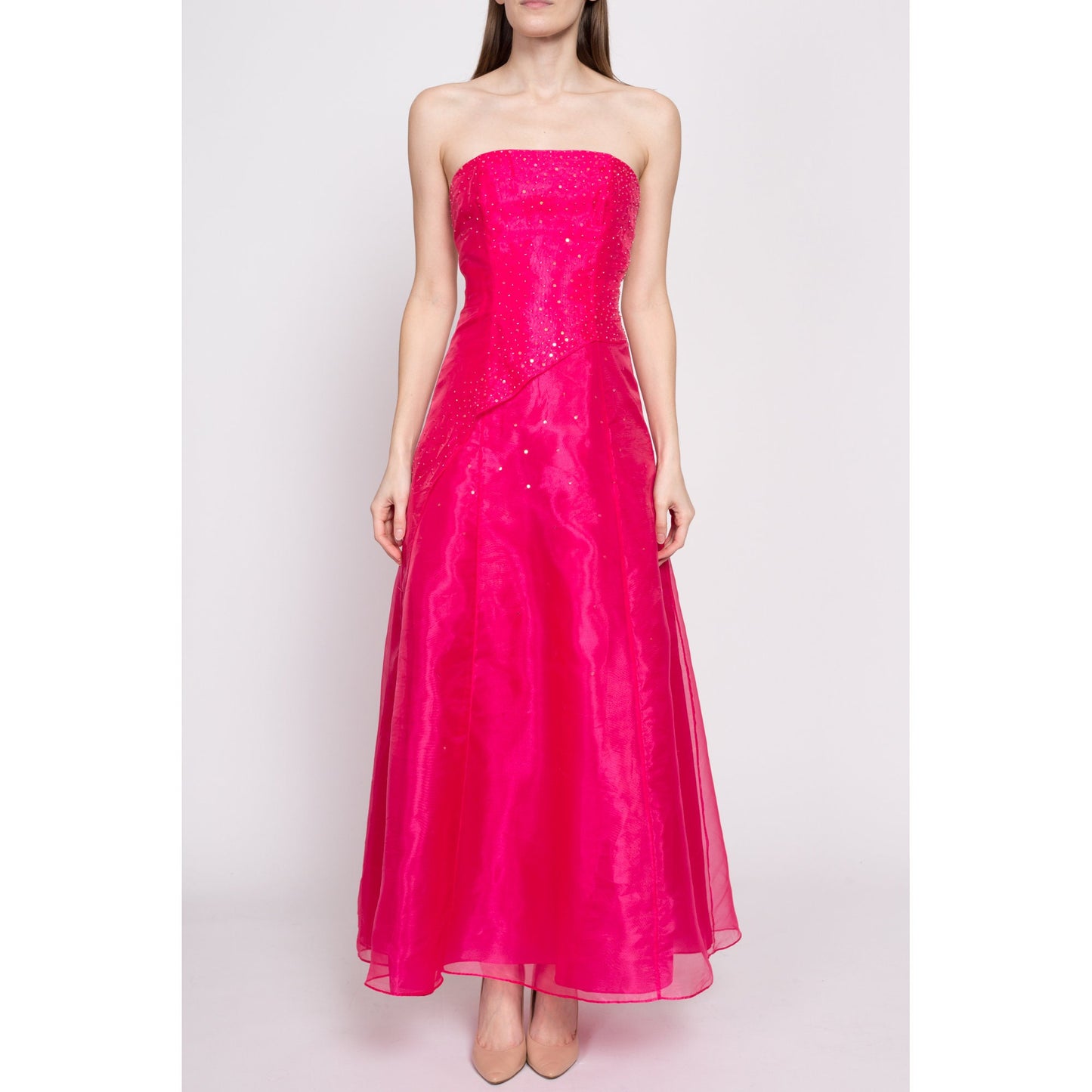 90s Hot Pink Backless Gown - Small | Vintage Sleeveless Strappy Low Back Sequin Formal Maxi Prom Dress