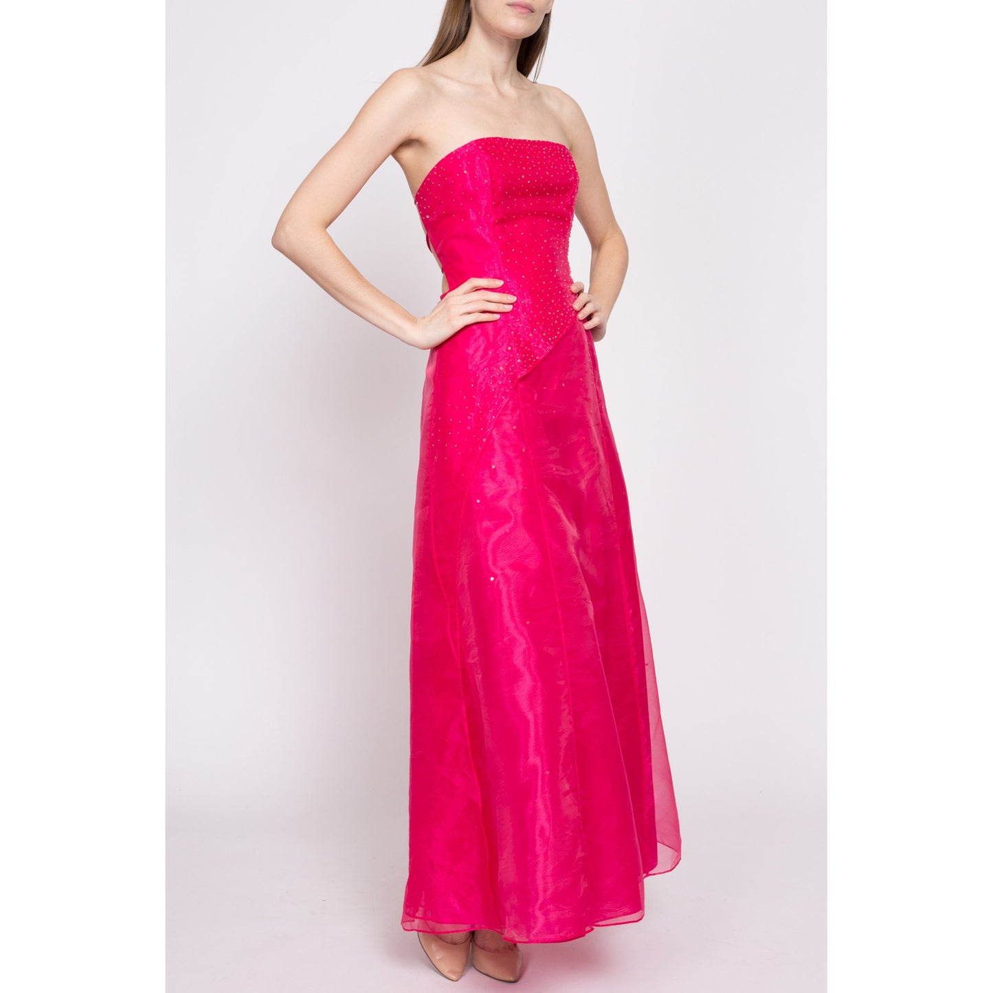 90s Hot Pink Backless Gown - Small | Vintage Sleeveless Strappy Low Back Sequin Formal Maxi Prom Dress
