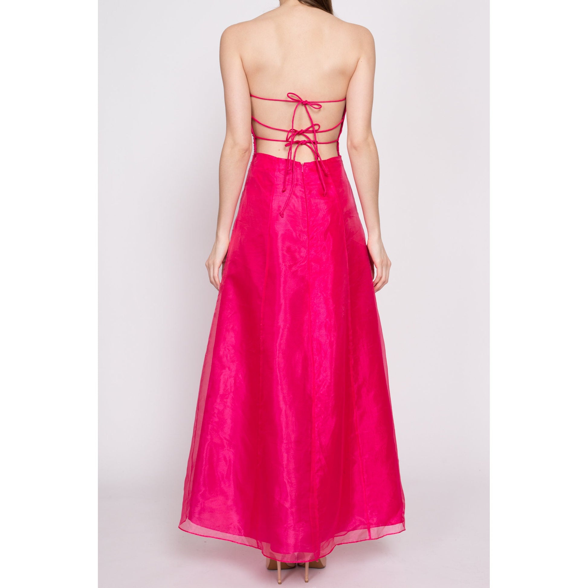 90s Hot Pink Backless Gown - Small | Vintage Sleeveless Strappy Low Back Sequin Formal Maxi Prom Dress