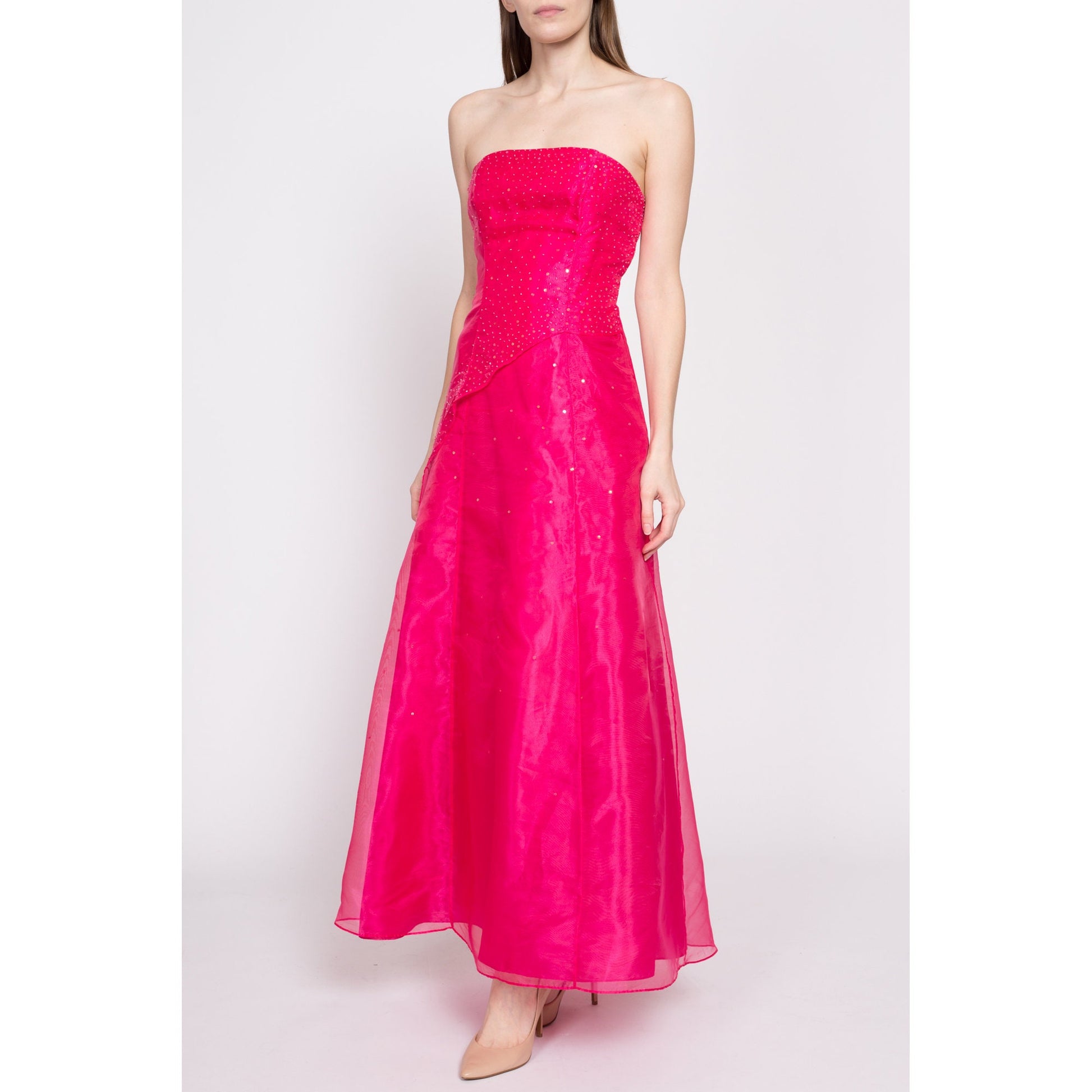 90s Hot Pink Backless Gown - Small | Vintage Sleeveless Strappy Low Back Sequin Formal Maxi Prom Dress