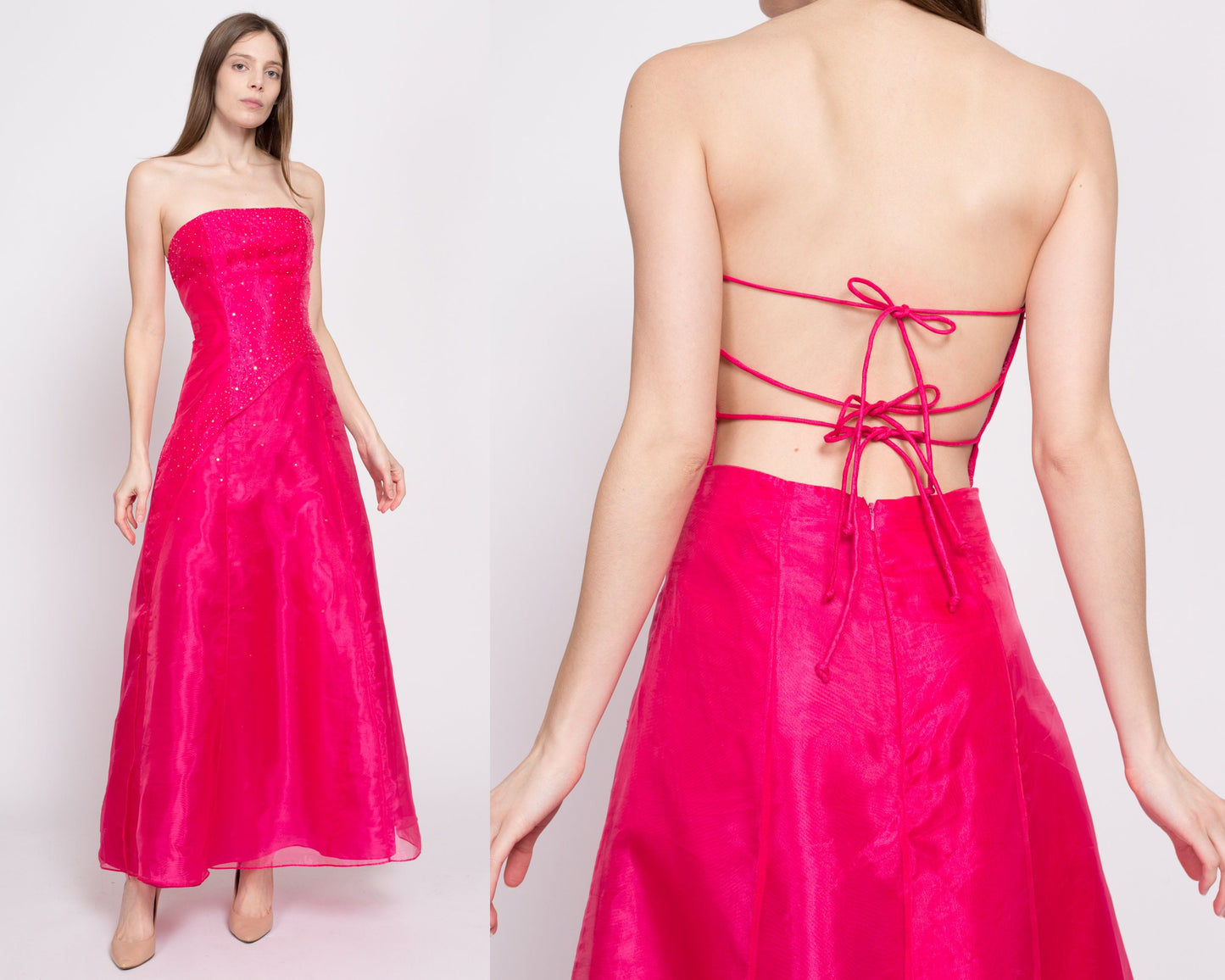 90s Hot Pink Backless Gown - Small | Vintage Sleeveless Strappy Low Back Sequin Formal Maxi Prom Dress
