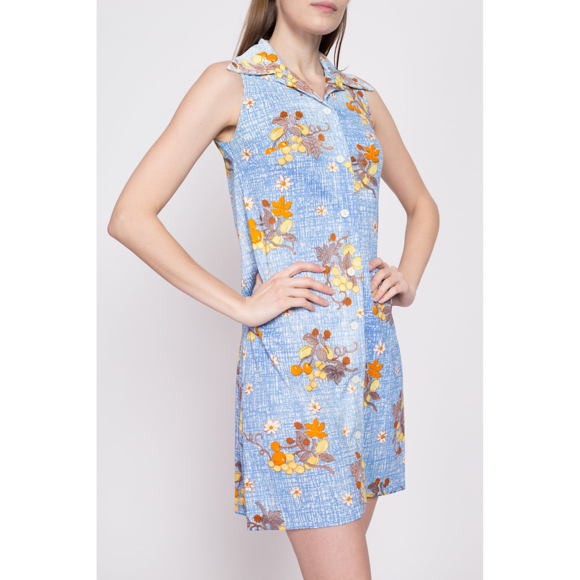 60s 70s Blue Floral & Fruit Print Mini Dress - Petite XS | Vintage Sleeveless Button Front Boho Sundress
