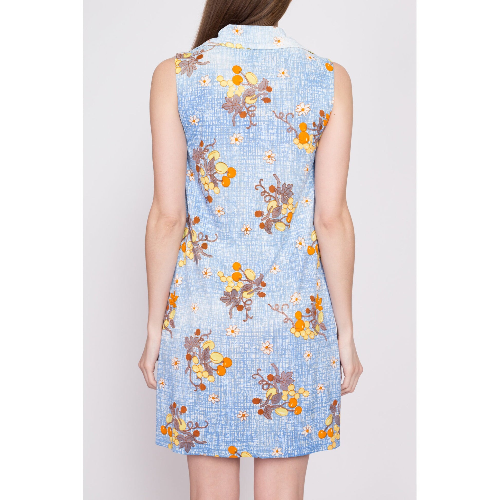 60s 70s Blue Floral & Fruit Print Mini Dress - Petite XS | Vintage Sleeveless Button Front Boho Sundress