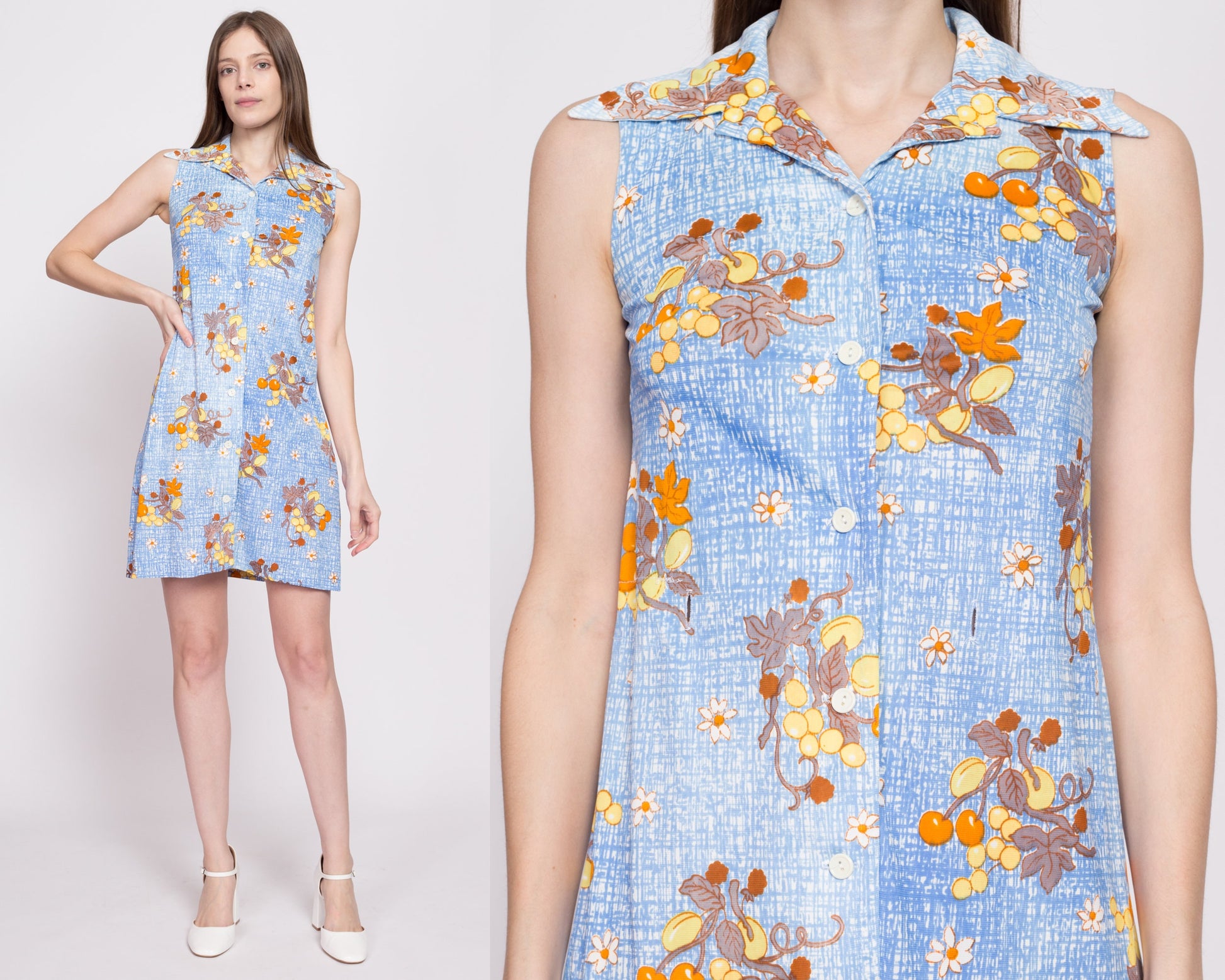 60s 70s Blue Floral & Fruit Print Mini Dress - Petite XS | Vintage Sleeveless Button Front Boho Sundress