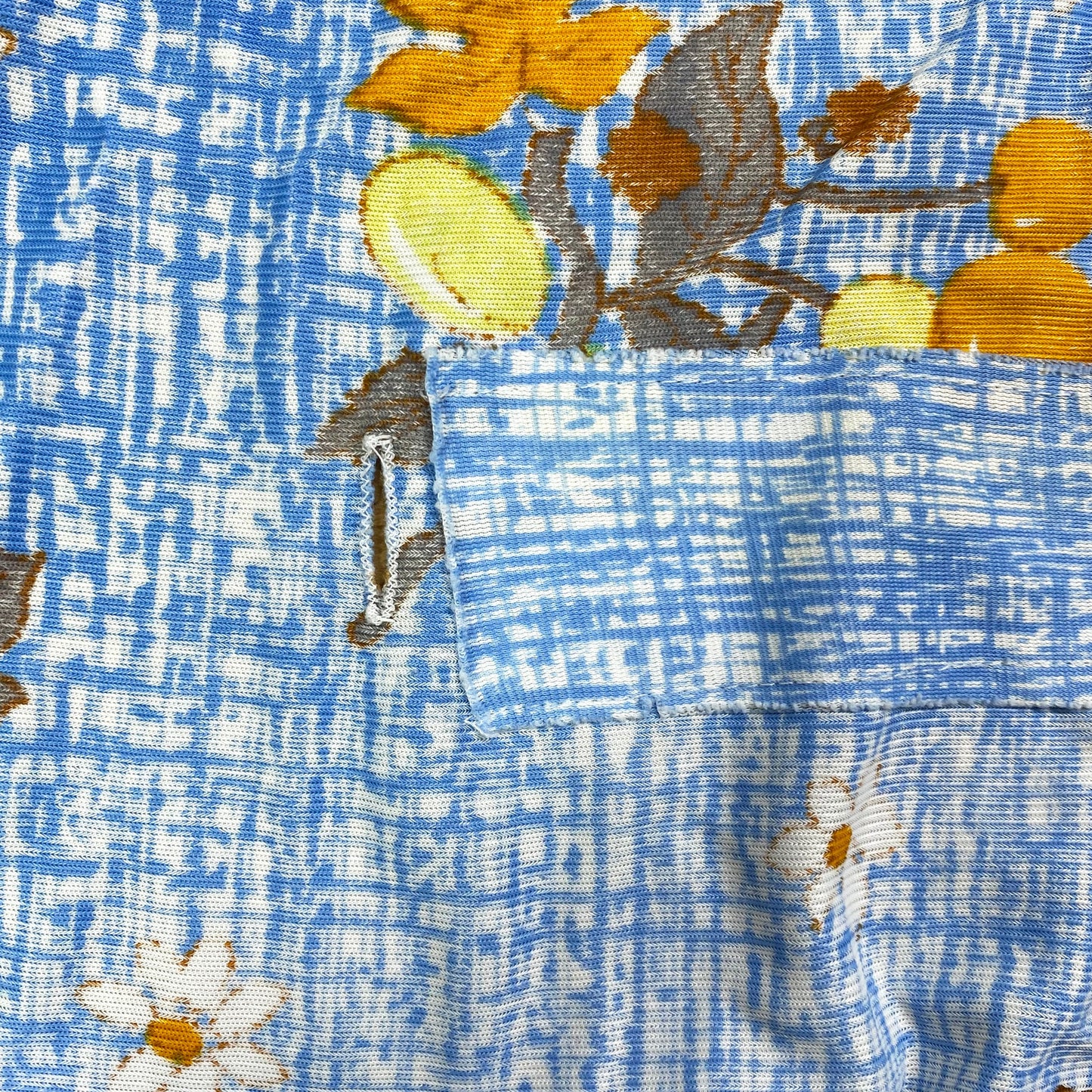 60s 70s Blue Floral & Fruit Print Mini Dress - Petite XS | Vintage Sleeveless Button Front Boho Sundress