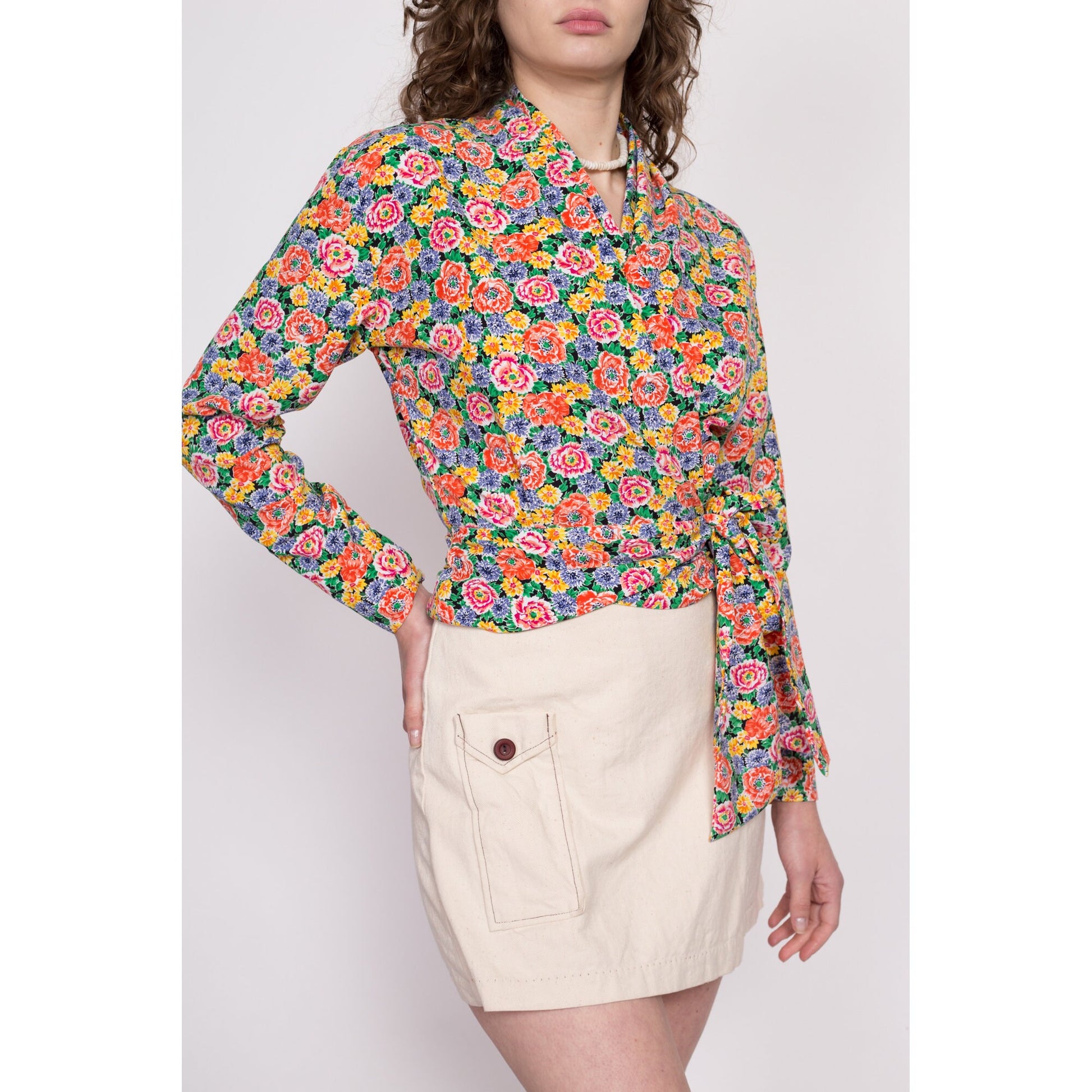 80s Colorful Floral Wrap Top - Small | Vintage Long Sleeve Cropped Secretary Blouse