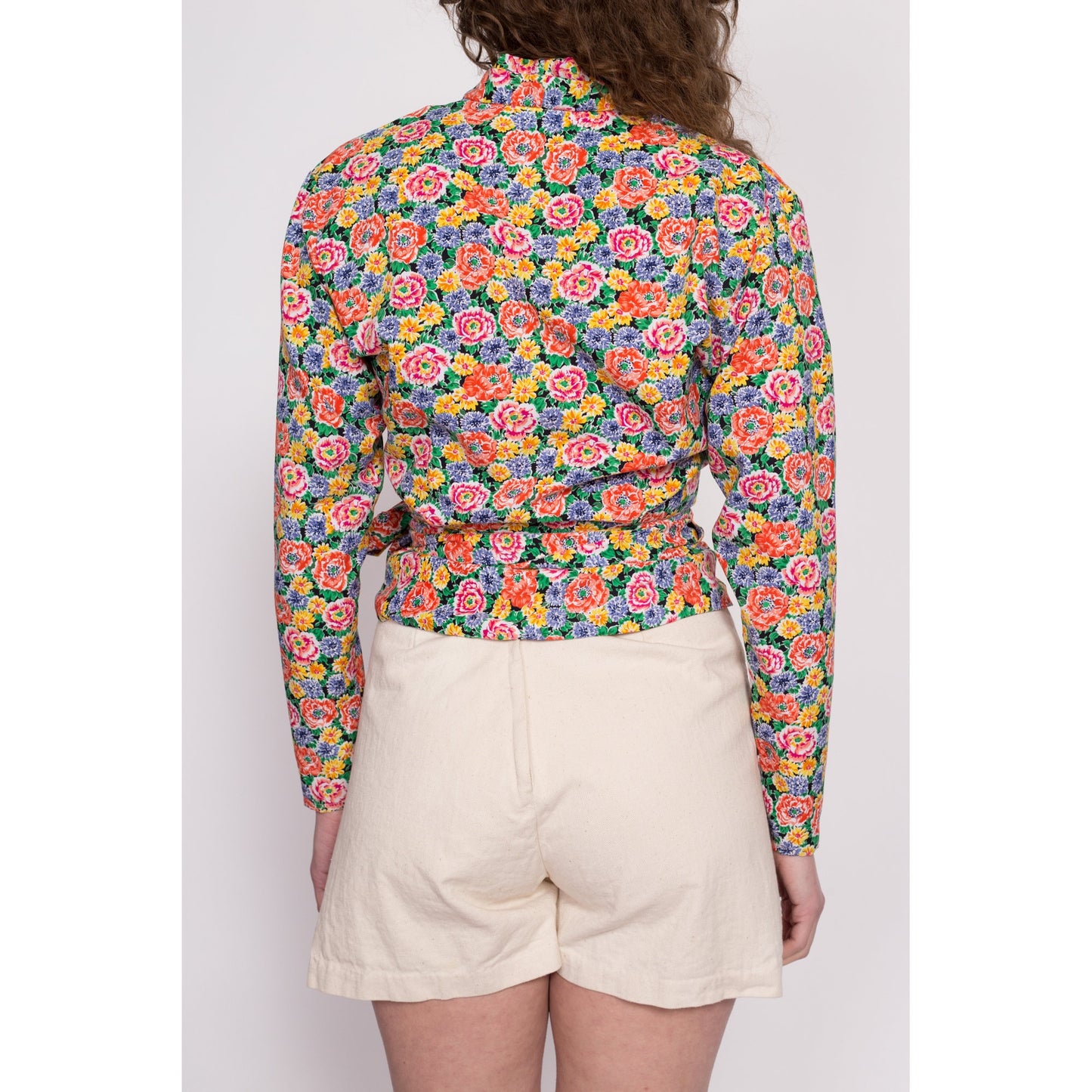80s Colorful Floral Wrap Top - Small | Vintage Long Sleeve Cropped Secretary Blouse