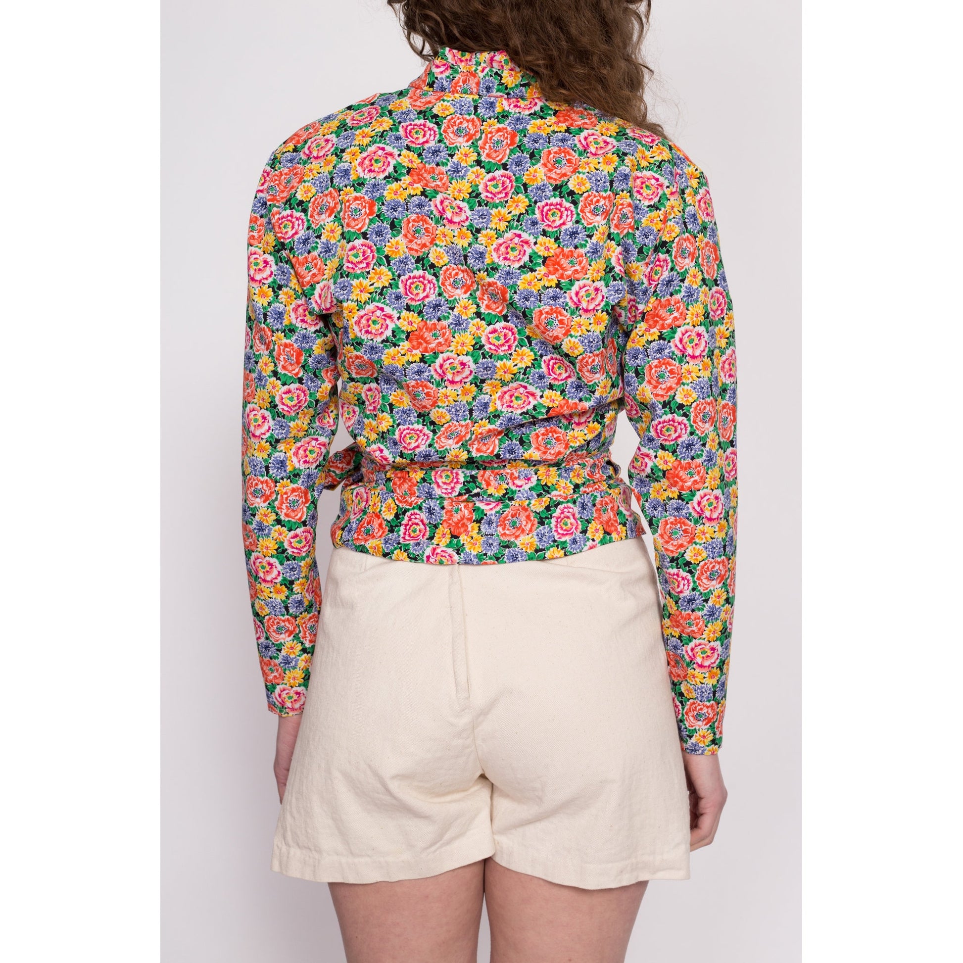 80s Colorful Floral Wrap Top - Small | Vintage Long Sleeve Cropped Secretary Blouse